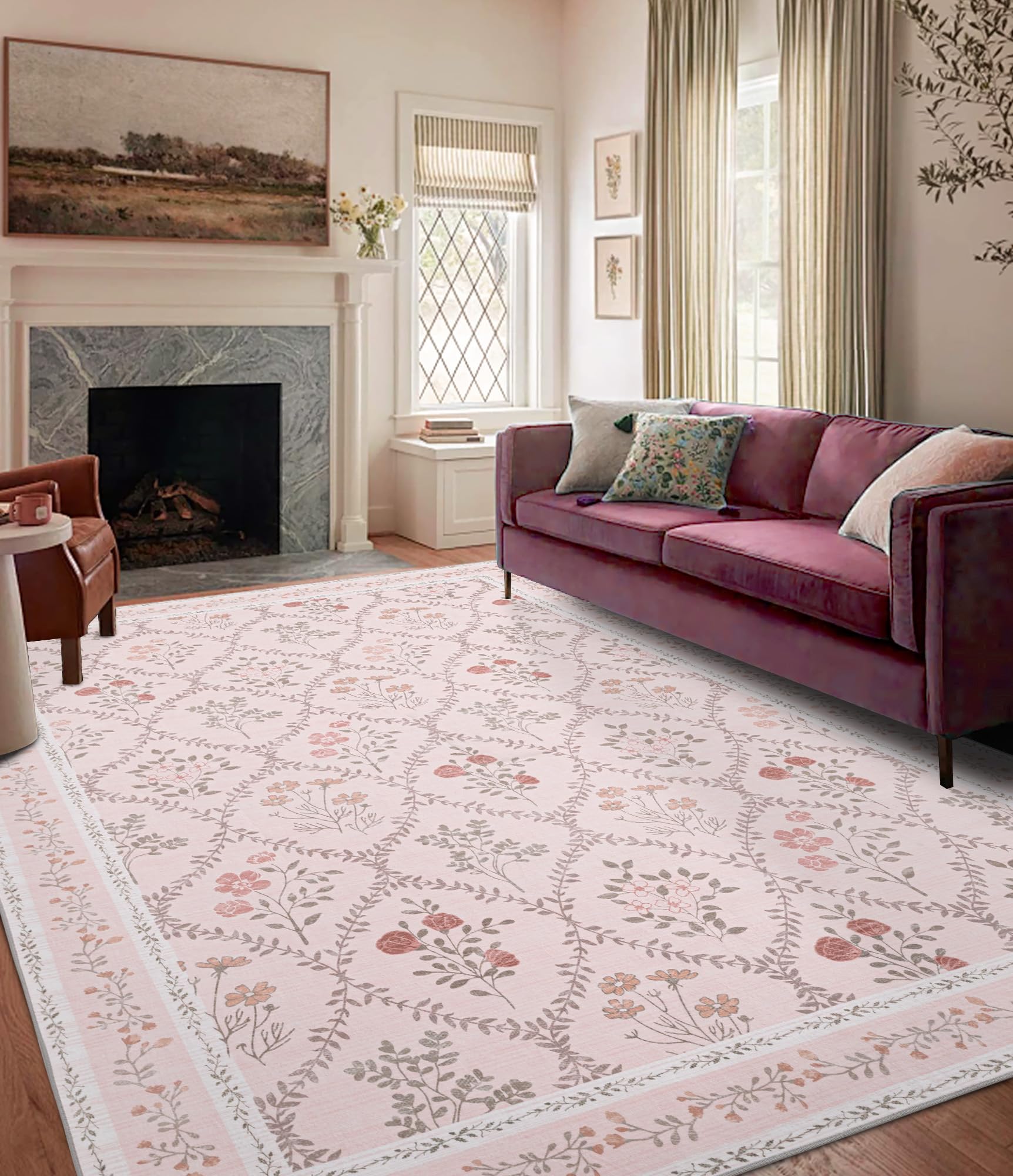 YIHOUSE Pink Floral Print Rugs Moroccan Trellis 10x14 Washable Large Rug Modern Pastel Non Slip Ultra-Thin Area Rug
