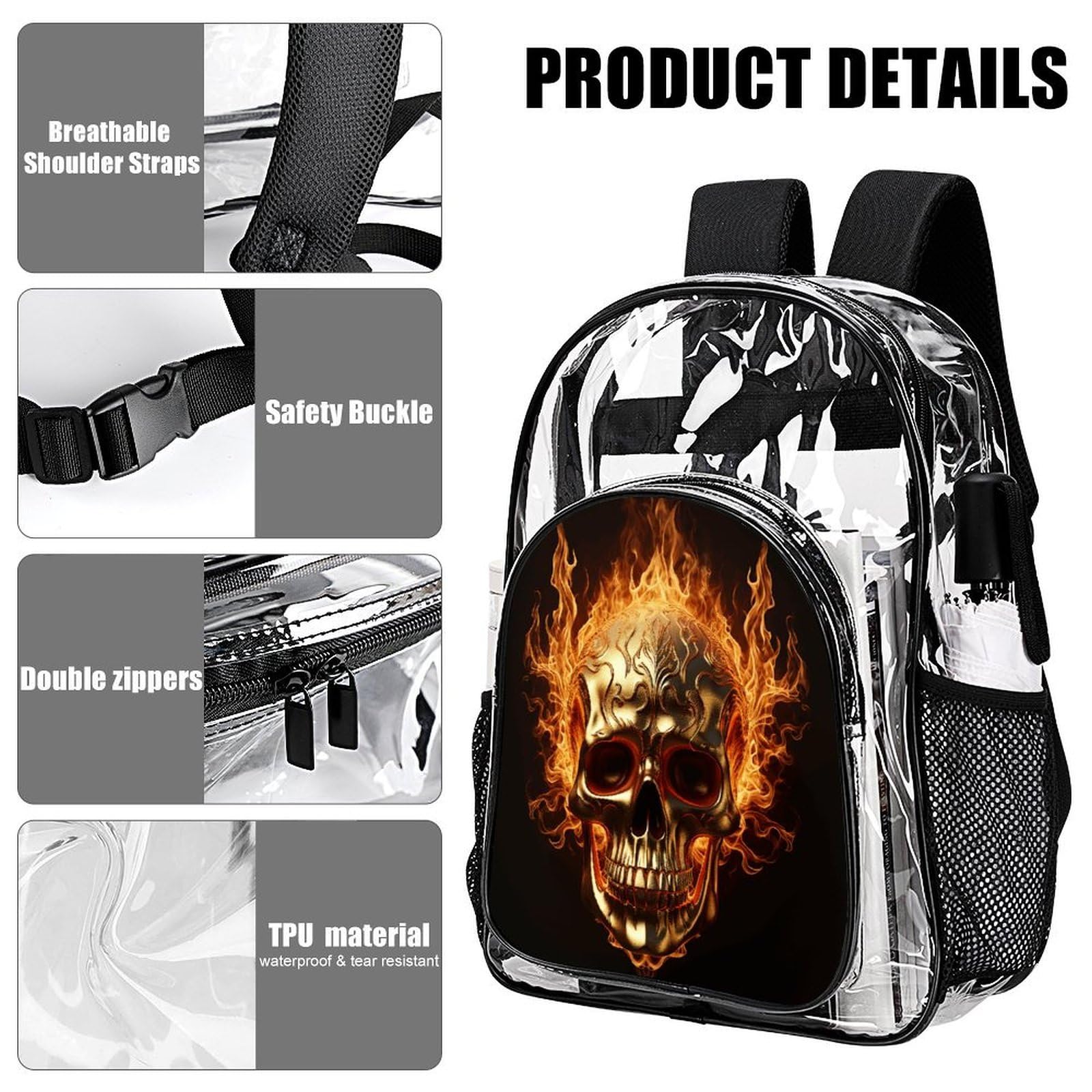 Transparenter Rucksack mit Totenkopf und Flammen, groß, transparent, PVC, Büchertasche für Sicherheit, Arbeit, Reisen, Stadion