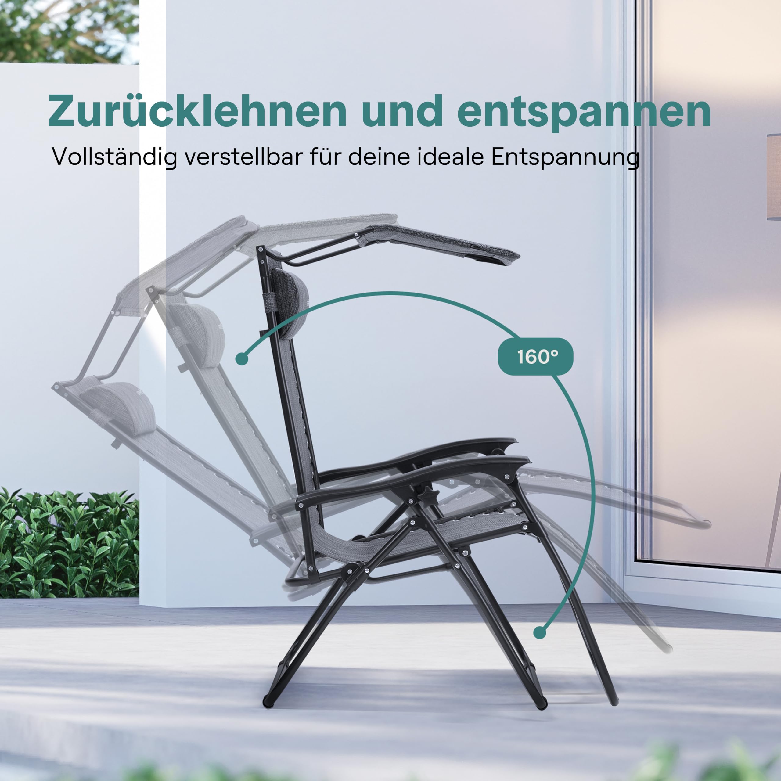 SereneLife Sonnenliege Klappbar 2er Set, mit Sonnendach, Liegestuhl für Garten und Balkon, bis 120 kg, Grau, Verstellbar und Wetterfest, mit Getränkehalter und Kopfstütze, für Strand Camping Relax