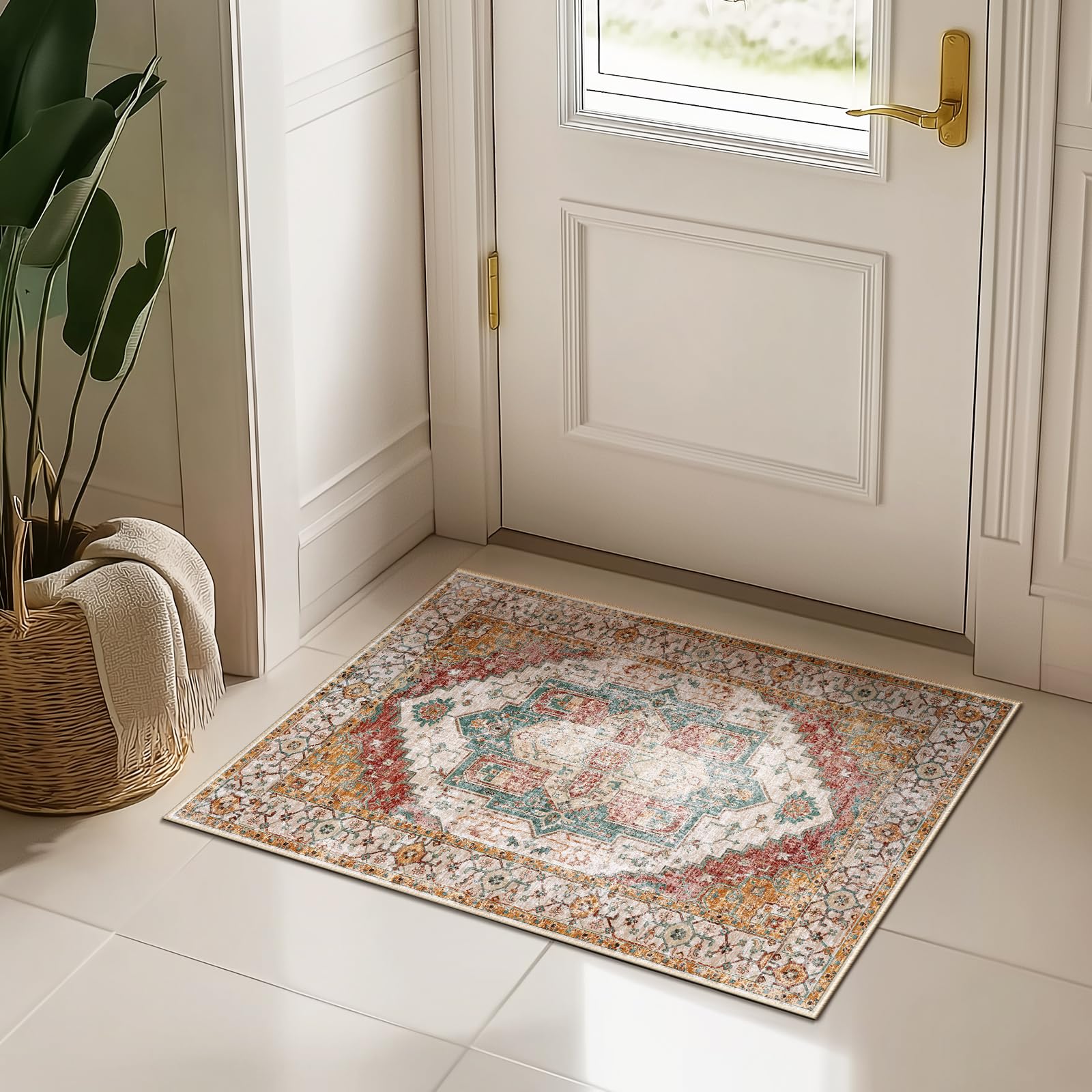 Washable 2x3 Area Rugs, Rugs for Living Room, Low-Pile Water&Stain Resistant Carpet Vintage Distressed Printed Non-Slip Carpet for Bedroom Bathroom