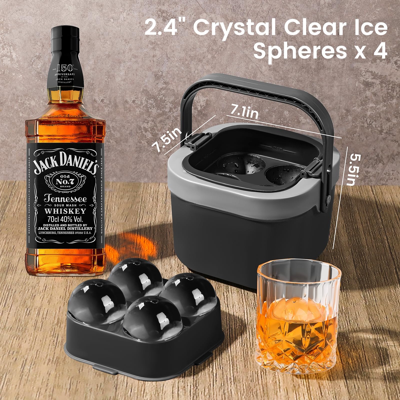 Micebay Kristallklarer Eiskugel-Maker, 6,1 cm große, langsam schmelzende Eiskugeln, klarer Eiswürfelbereiter mit 4 Mulden Silikonschale, Eiszange und Aufbewahrungstasche für Whiskey & Cocktails