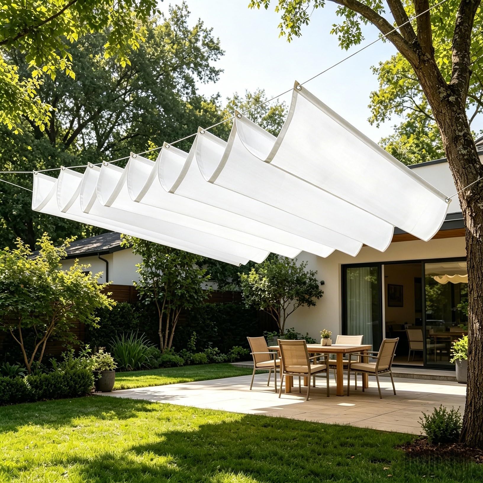Retractable Sun Shade Sail 350 x 350 cm Custom Adjustable Waterproof UV Block Rectangle Outdoor Awnings Shade Sails Retractable with Grommets, Free Rope for Outdoor Garden Yard, White — image 1