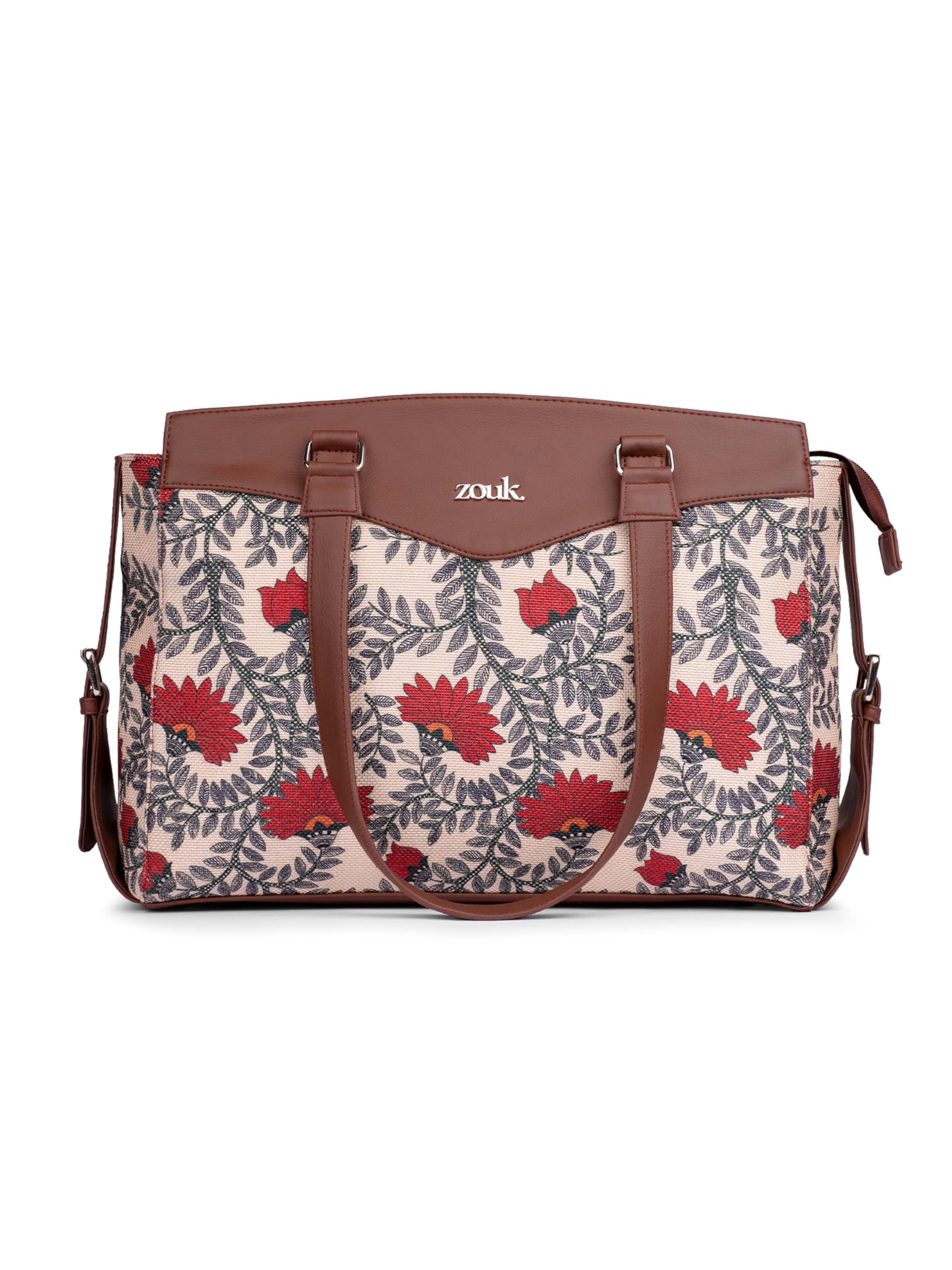 ZOUK Nawabi Couture Floral Printed Jute Vegan Leather Beige and red Womens Office Work Bag With Double Handles Strap (B0CXM79PDN) Amazon Price History, Amazon Price Tracker