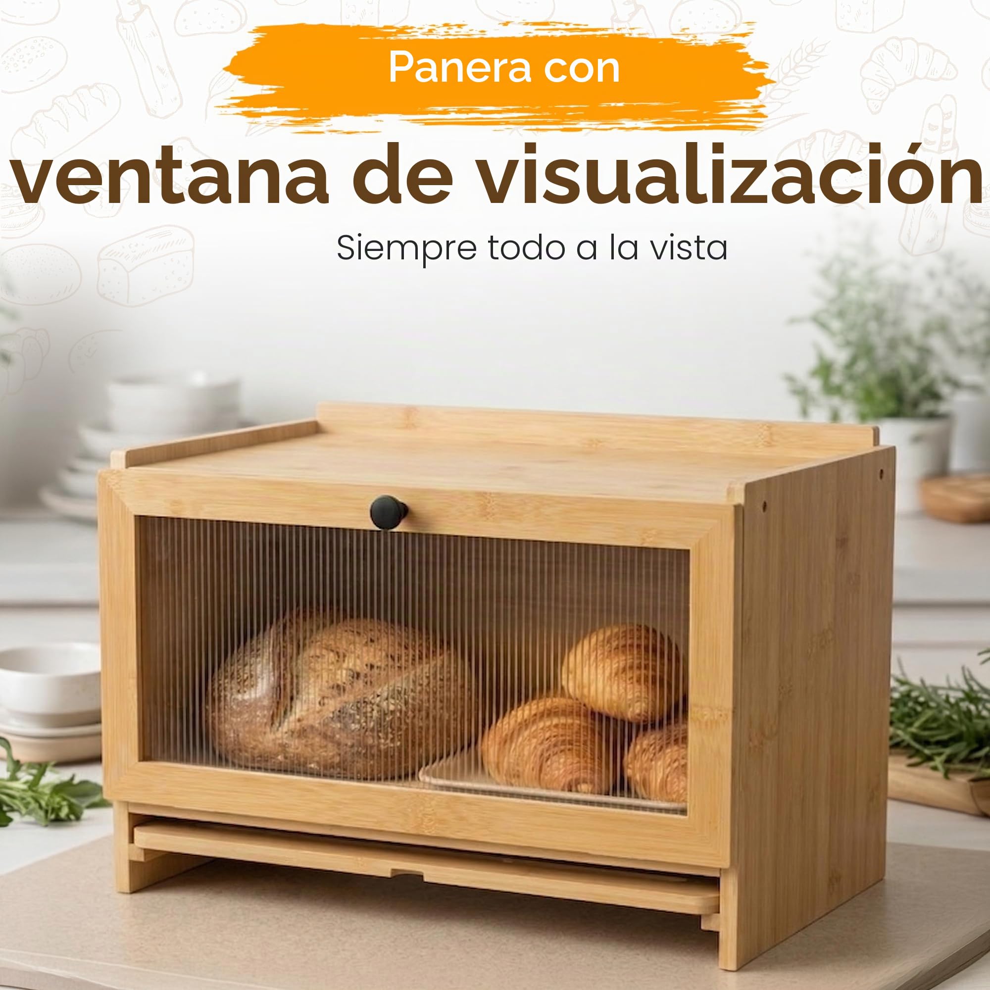 AH® Panera de Bambú Con Tabla de Cortar, Ventilación y Elegante Diseño Para Guardar el Pan - 40 x 26 x 23 cm | Panera moderna de bambú, cesta de pan de madera, caja de almacenamiento de pan con ventana, con ventilación