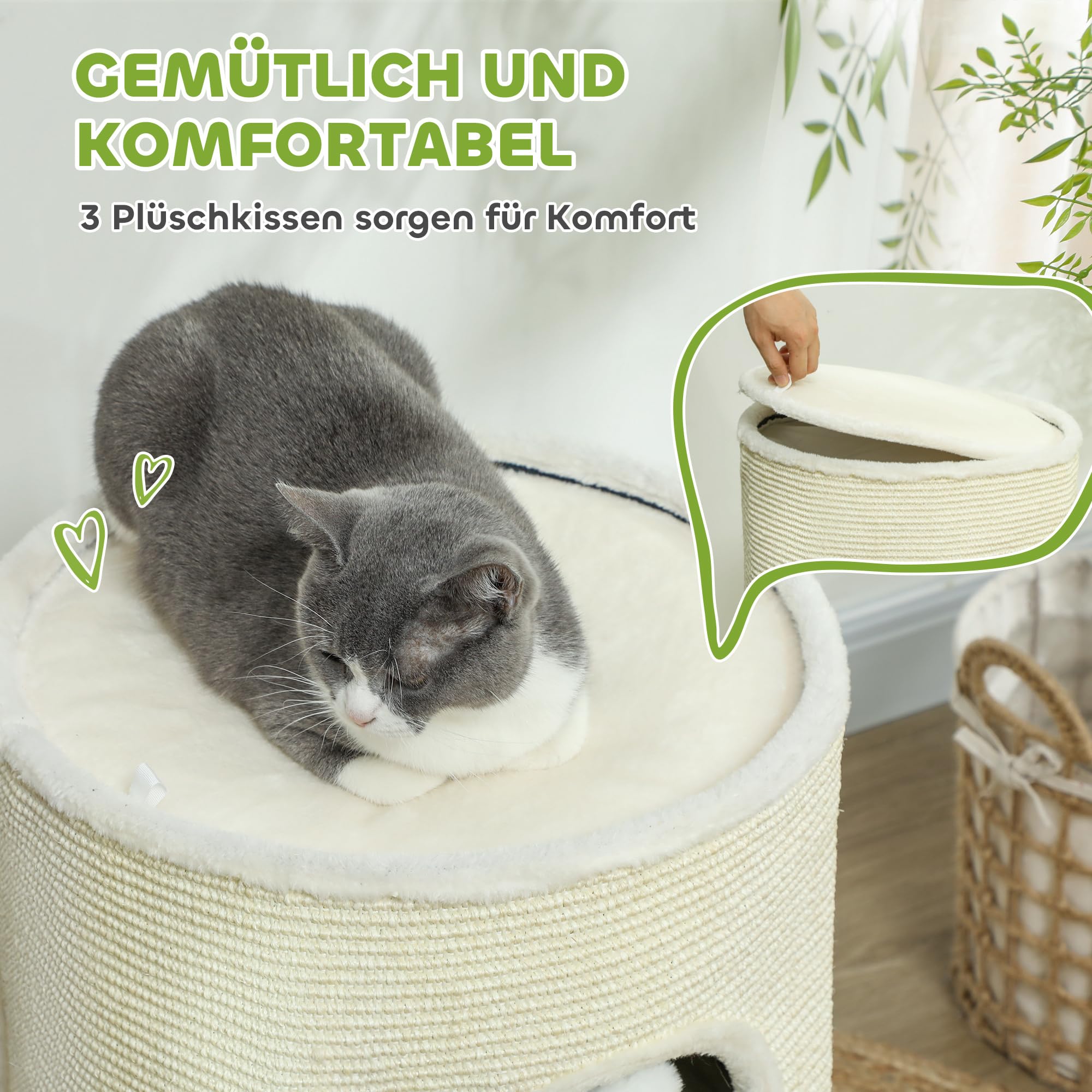 PawHut Kratztonne, 69 cm Hoch Katzentonne Teilbare Kratzbaum mit 2 Höhle, Spielball, Katzenturm, Katzenturm für Katzen bis 5 kg, Cremeweiß