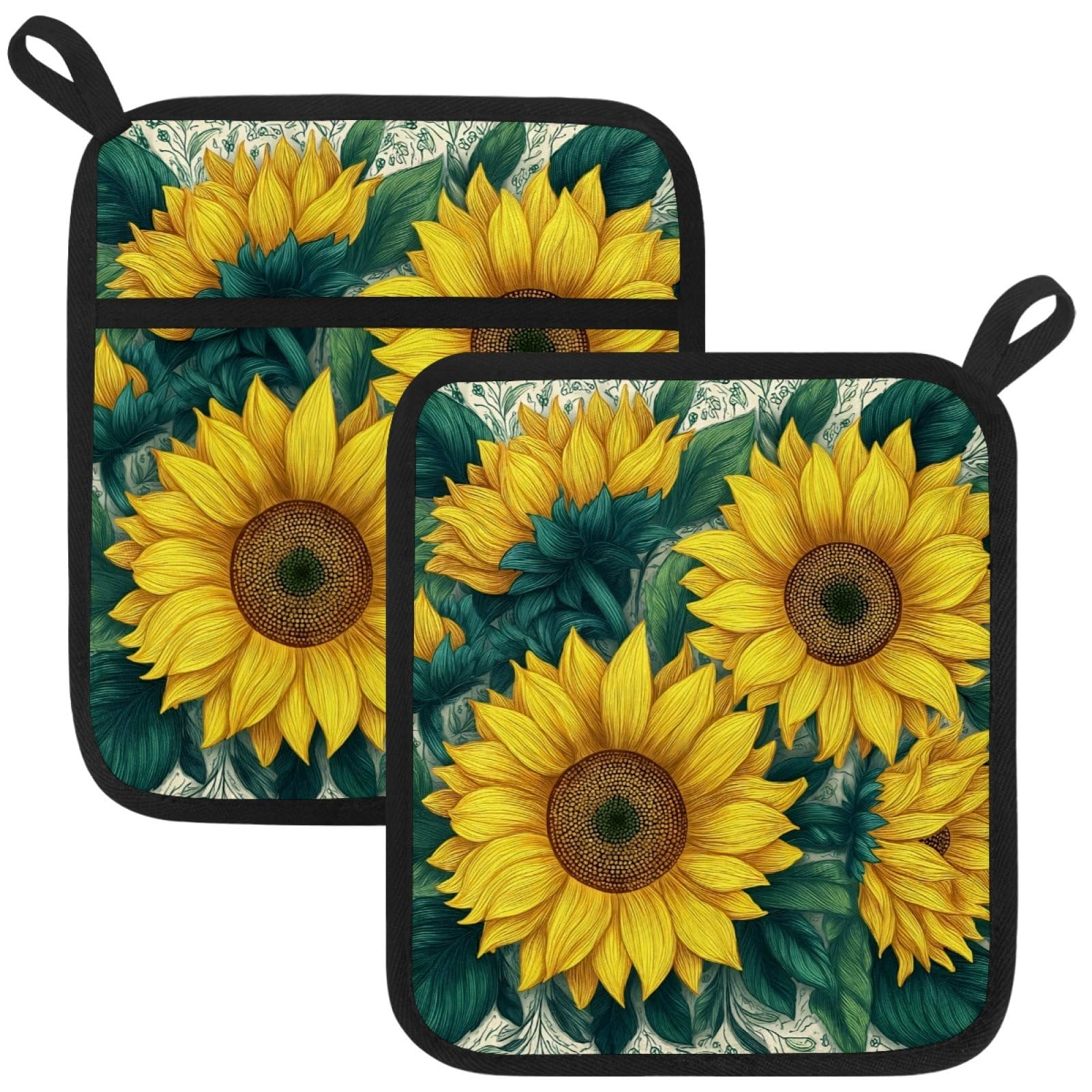 VAPOKF Sunflowers Heat Resistant Pot Holders, Thick Pot Holders Pad with Hanging Loop for Kitchen, Oven Cloth Pads for Kitchen Baking Microwave Oven