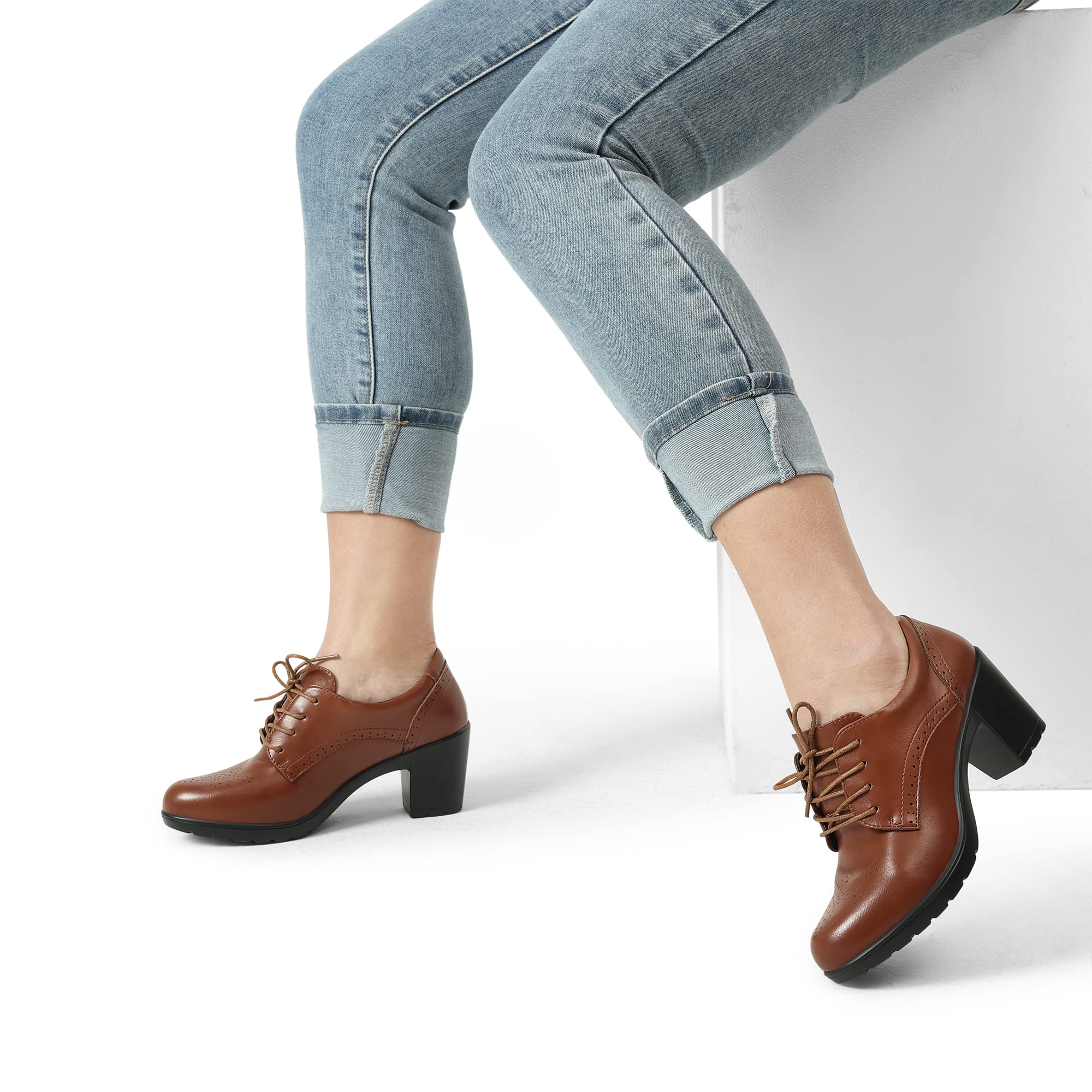 DREAM PAIRS Zapatos Oxford SDOX2303W con puntera puntiaguda y tacón alto y grueso para mujer, Marrón (Brown-pu), 41 EU
