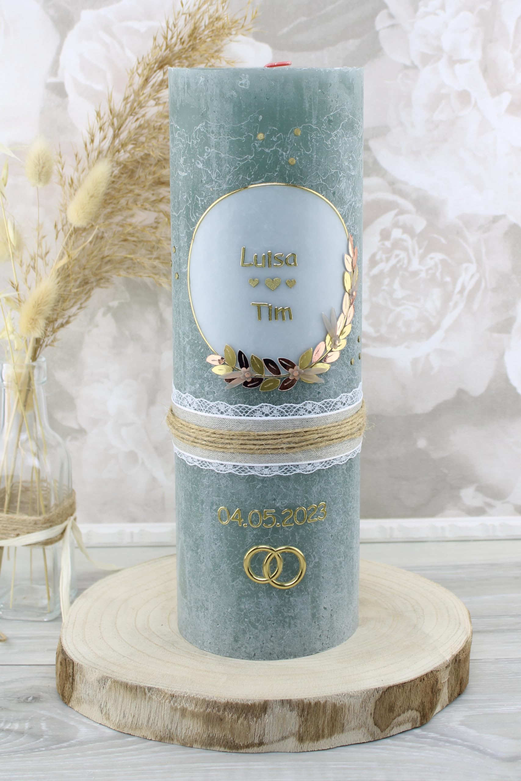 Hochzeitskerze Rustik Luisa und Tim mit Name und Datum, individuell und handverziert 2130