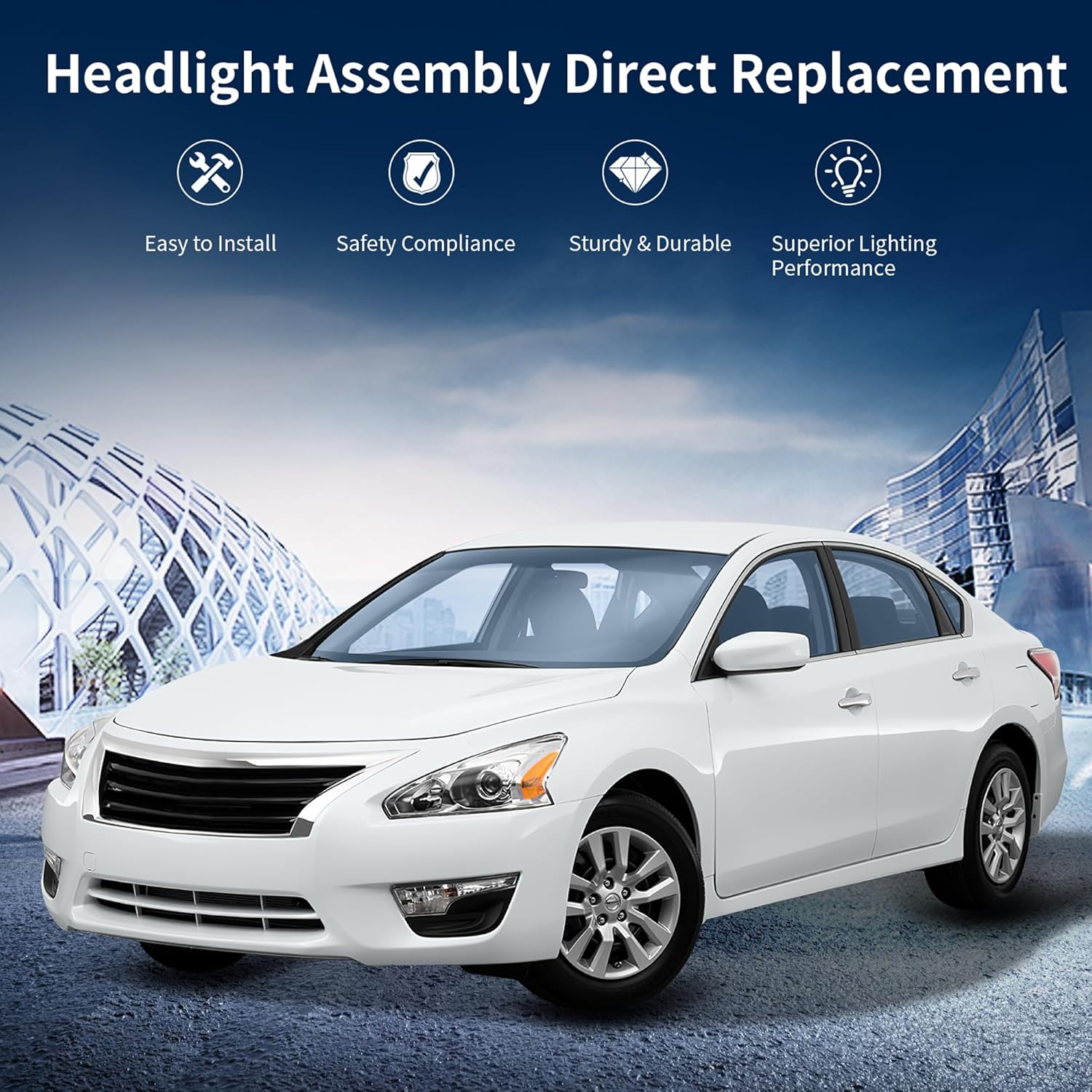 AUTOSAVER88 Headlight Assembly Compatible with 2013 2014 2015 Altima 4-Door Sedan 13 14 15 Altima Base/S/SL/SV Projector Headlamp Direct Replacement Chrome Housing Amber Reflector Left + Right