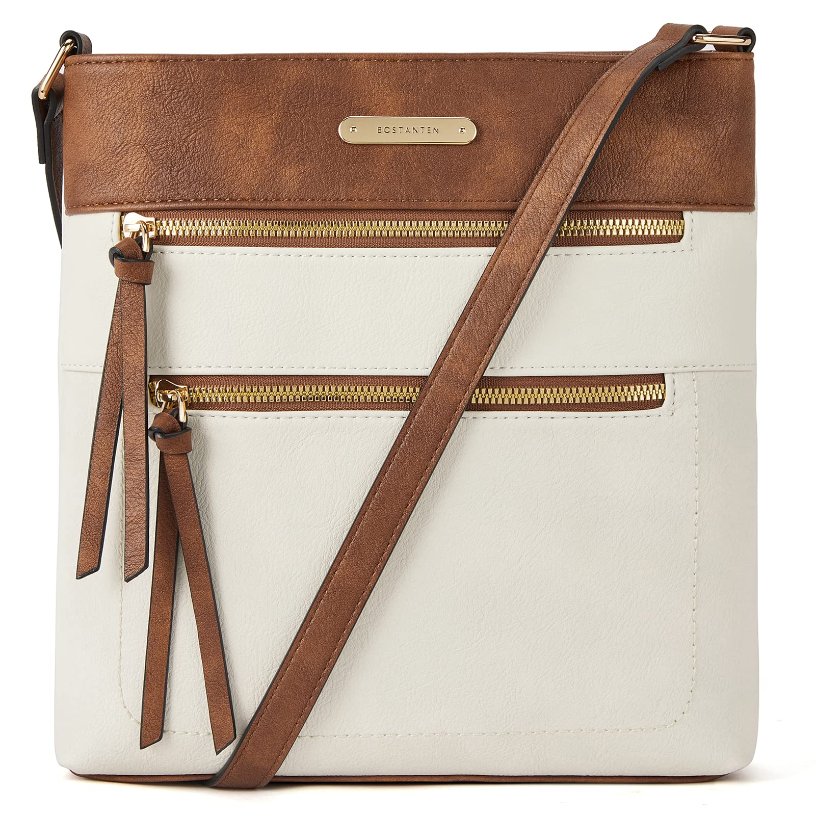 BOSTANTEN Crossbody Bags for Women Trendy Vegan Leather Purse Designer Shoulder Handbags with Adjustable Strap Zipper Pocket Beige with Brown