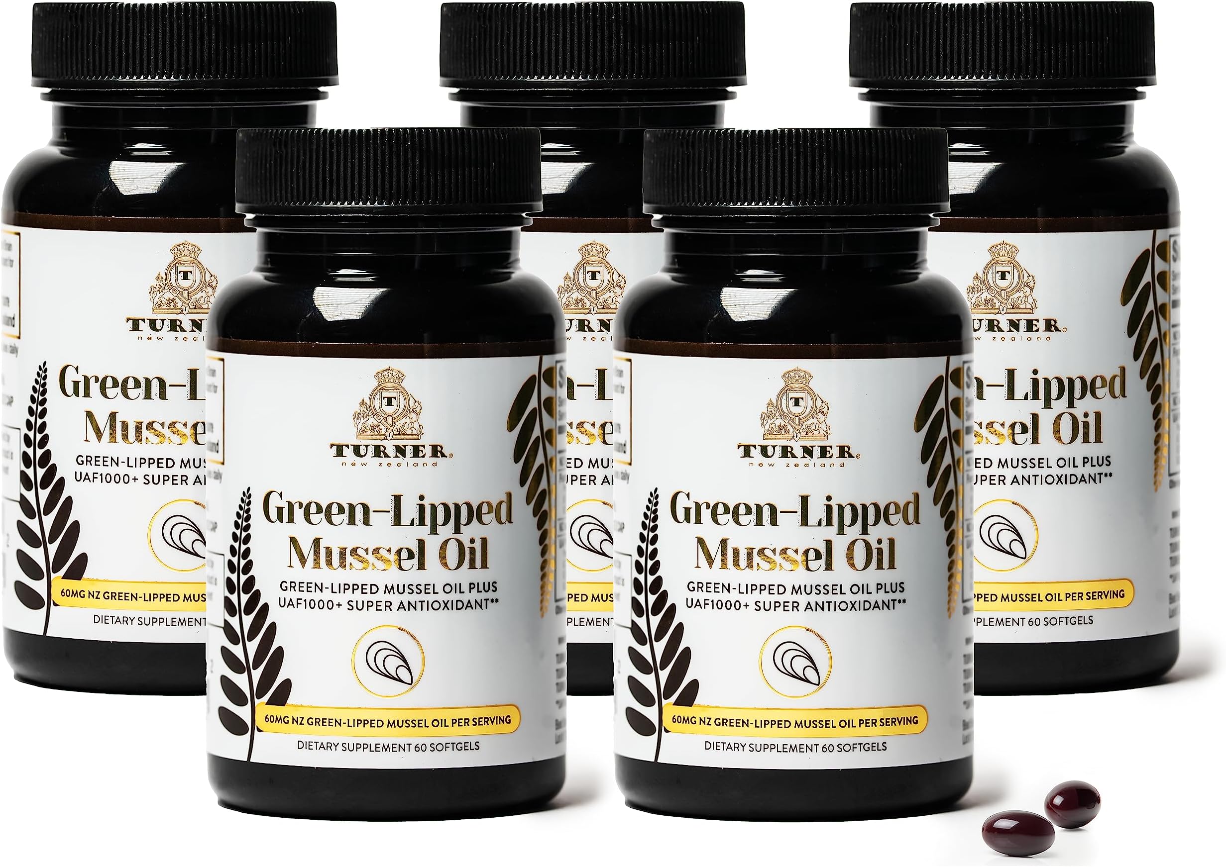 TURNER New Zealand Green Lipped Omega-3 Mussel Oil, 53x Higher Potency with UAF1000+ Super Antioxidant for Superior Joint Comfort & Mobility, No Fishy Aftertaste, 5 Bottles, 300 Softgels