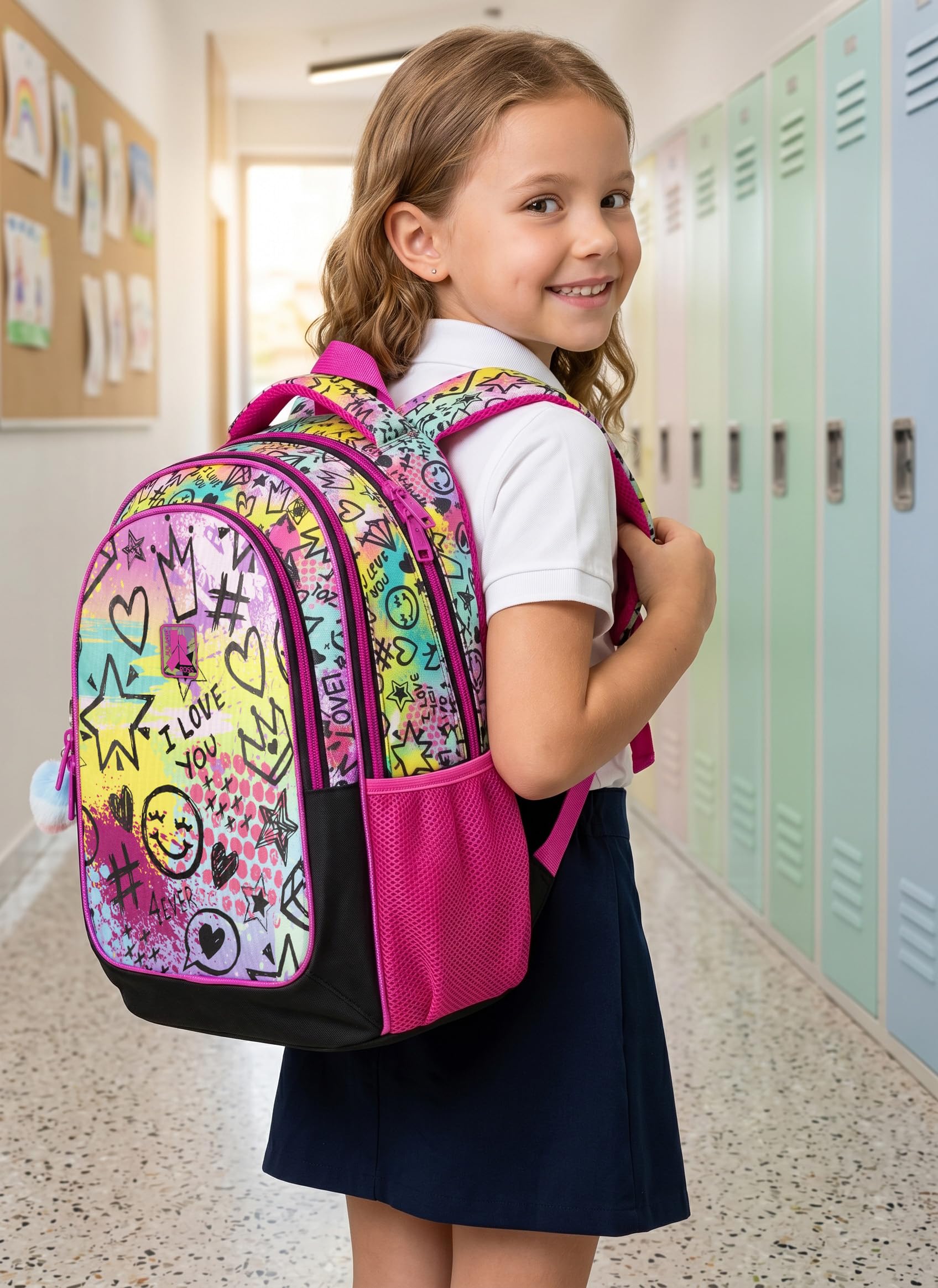 Pack Escolar Niña Primaria - Mochila Ergonómica Gran Capacidad 43x33x20 cm y Estuche 3 Cremalleras Completo (46 Piezas) - Diseño "Shiny Mood" con Llavero Pompón (6-10 Años)