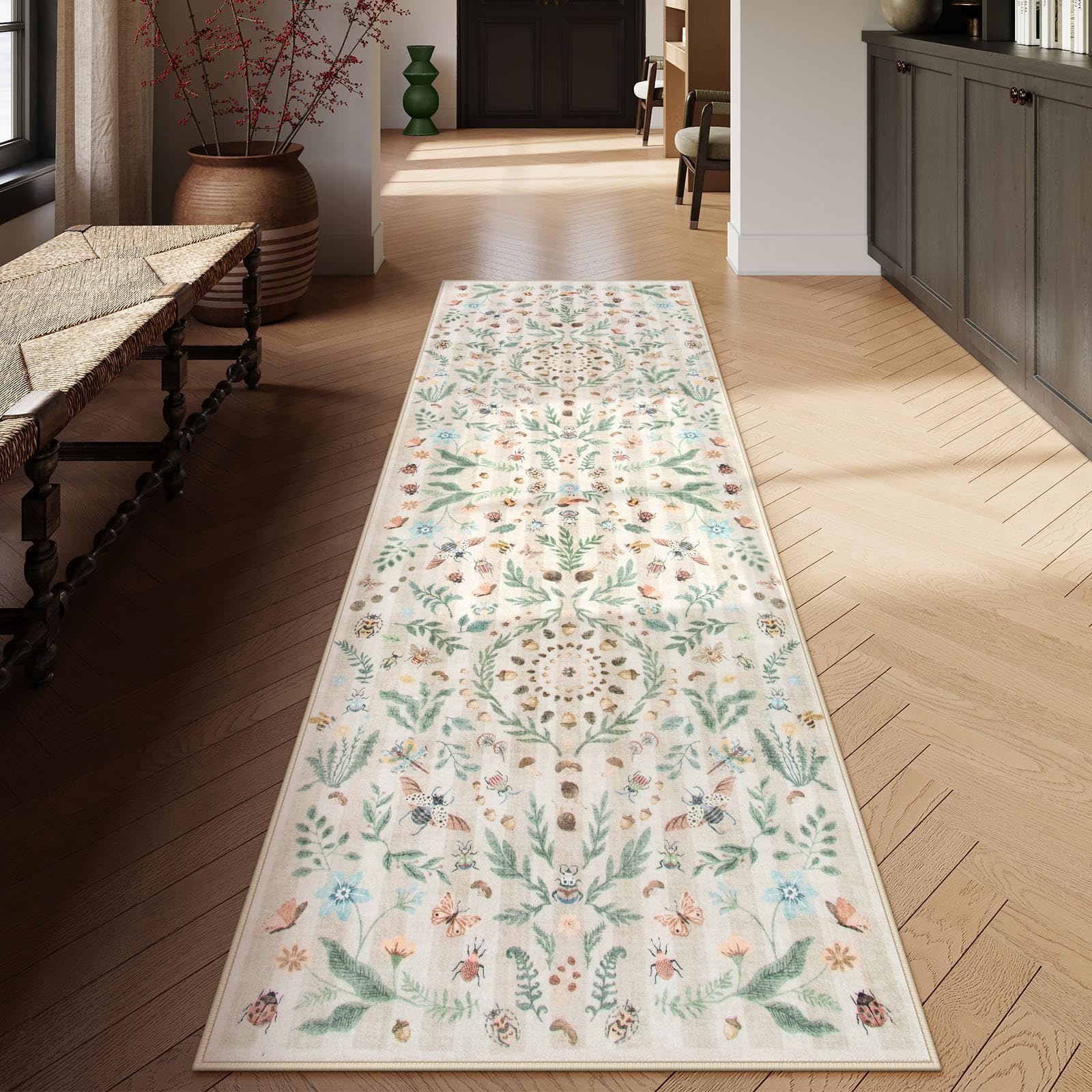 Lahome Insect Botanical 2'6"x8 Beige Hallway Runner Rug,Kitchen Runner Rugs Non Skid Washable Bathroom Carpet Runners, Soft Non-Slip Indoor Rug