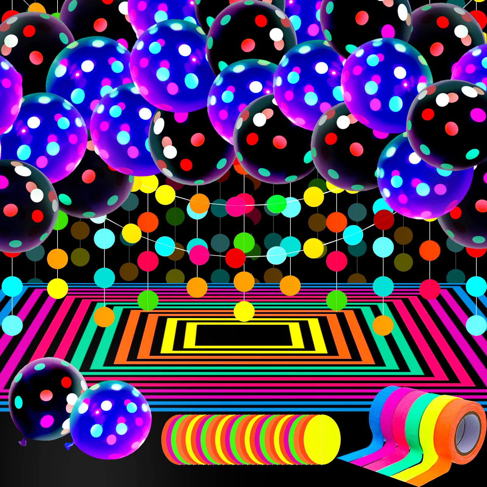 Skylety 32 Pcs Glow in The Dark Party Supplies Neon Party Favors with 25 Fluorescent Balloon 6 Rolls 98.4 ft UV Blacklight Luminous Tape 14.4 ft Neon