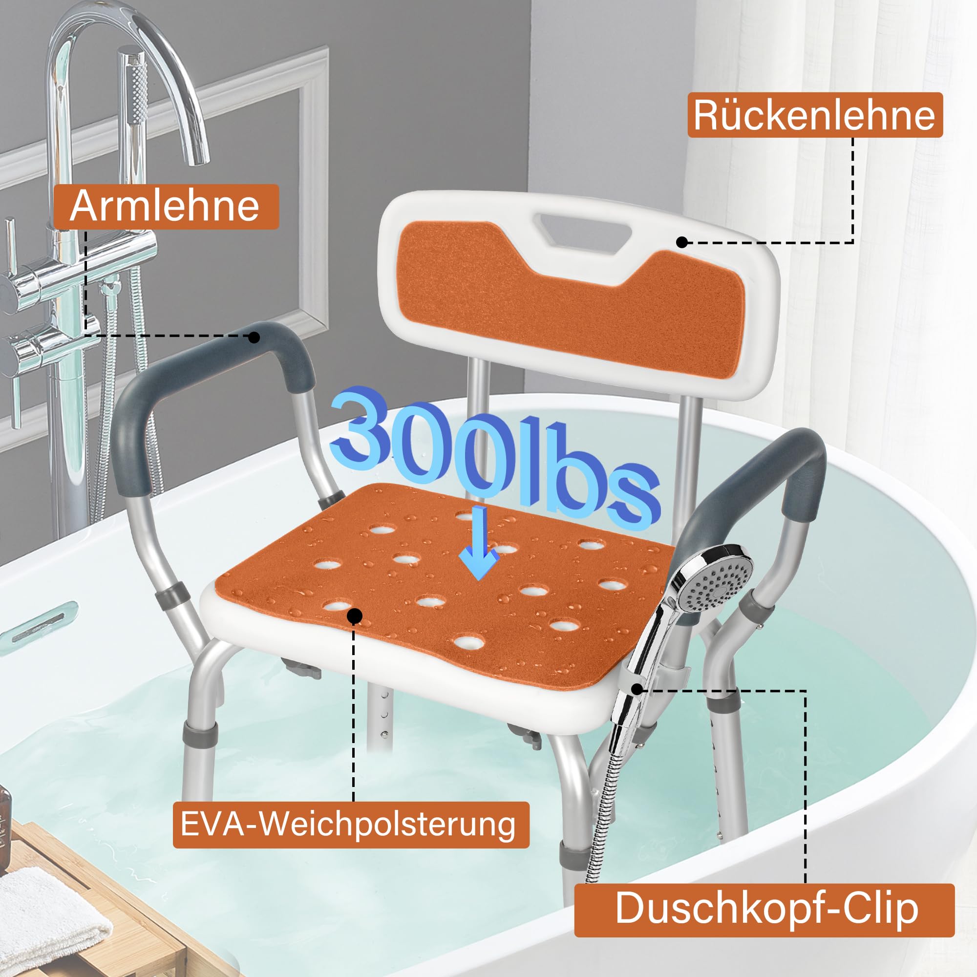 OUUTMEE Silla de ducha con reposabrazos y respaldo desmontable, antideslizante, taburete de ducha regulable en altura con 6 posiciones, asiento de ducha para personas mayores, color naranja