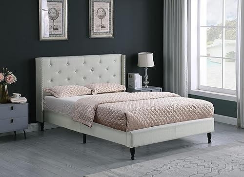 Miniatura 2 de Base de cama de plataforma tapizada Queen con cabecera de 45 pulgadas y base ajustable, cama de lino copetuda con botones, soporte de listones de