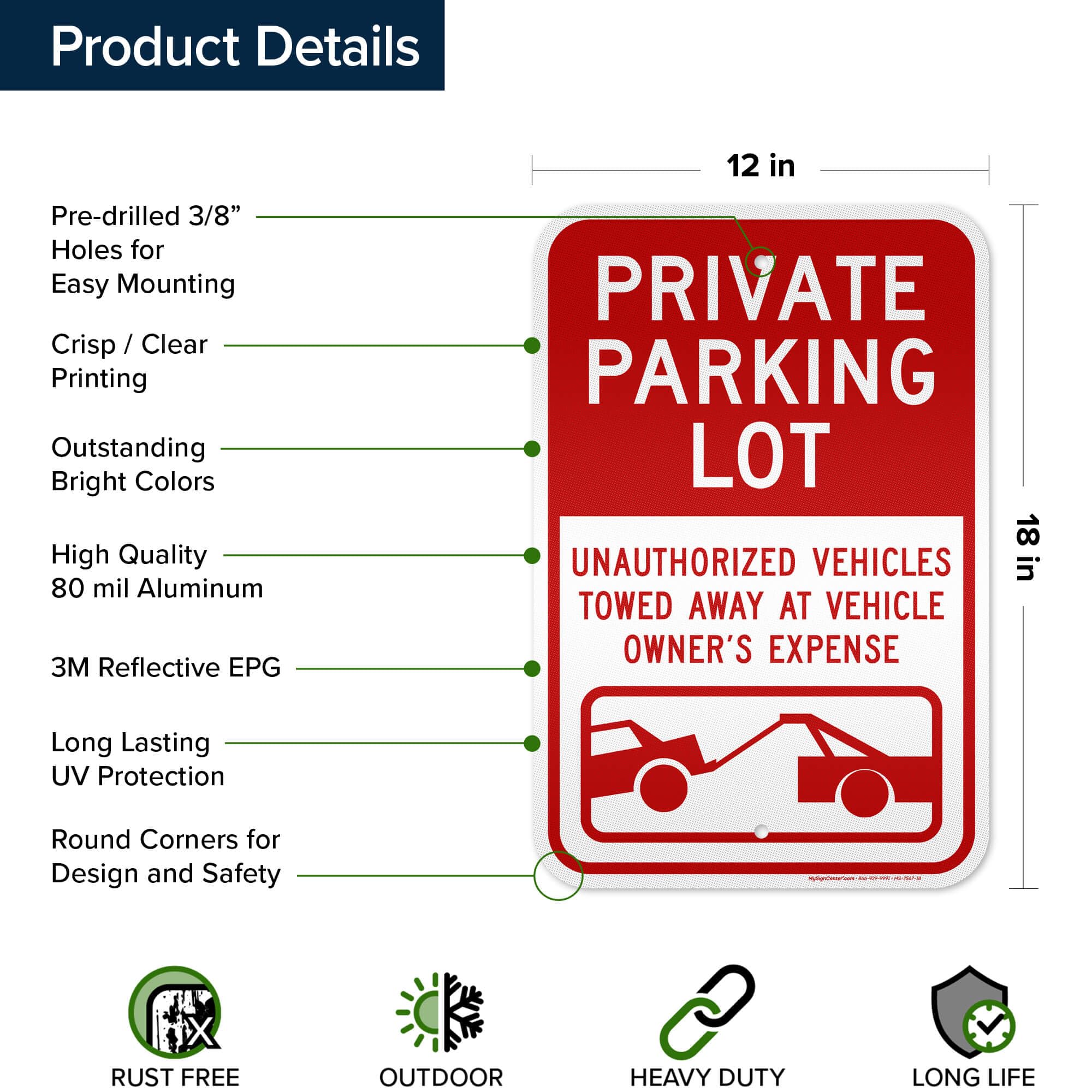 Cartello "Private Parking Lot, Unauthorized Vehicles Towed Away At Verhicles Owner's Expense", 30,5 x 45,7 cm, 3 m EGP riflettente, antiruggine, in alluminio .063, resistente allo sbiadimento