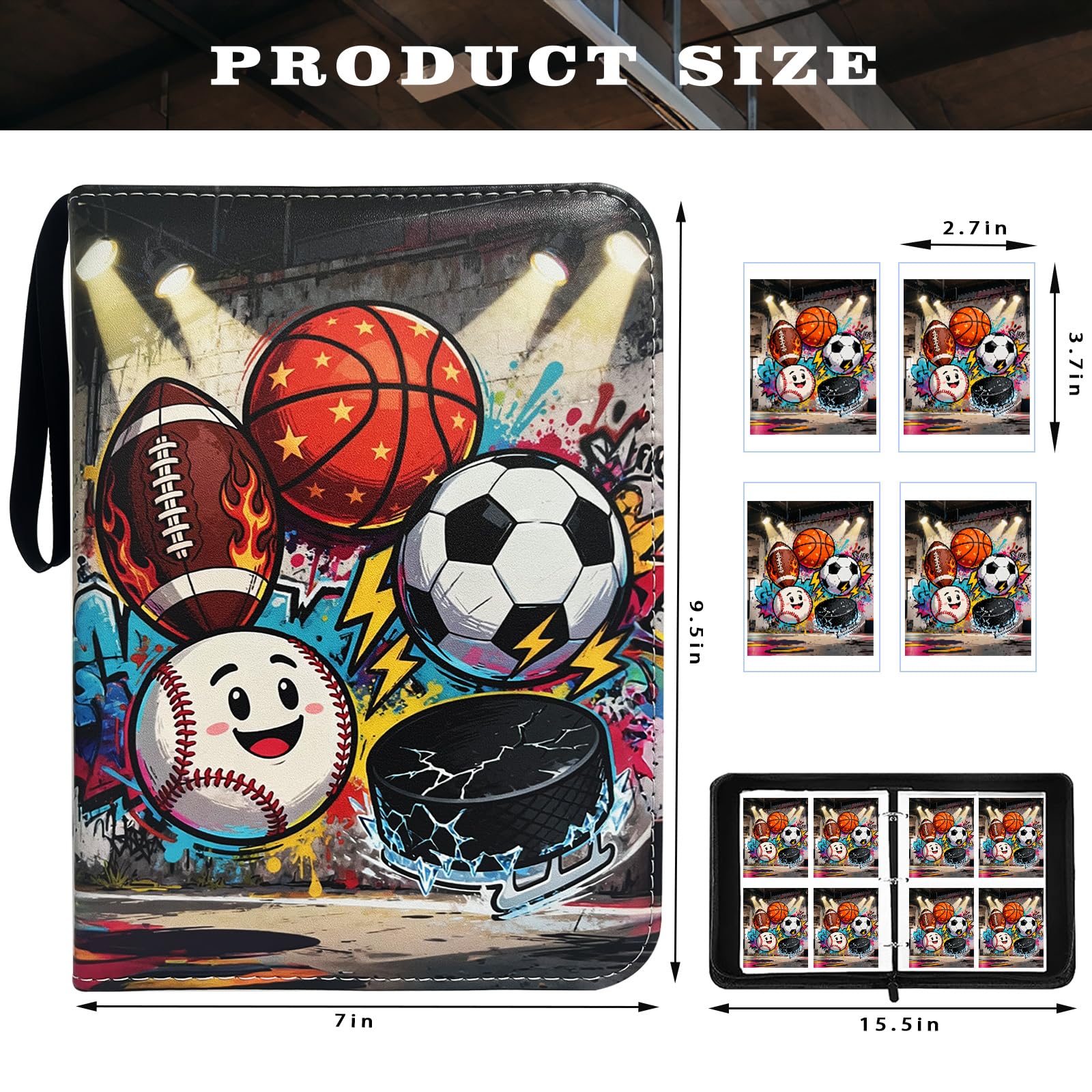 Raccoglitore per carte sportive, porta carte con 4 tasche, raccoglitore per 400 carte con 50 maniche rimovibili su entrambi i lati, custodia per album per giochi sportivi, carte collezionabili