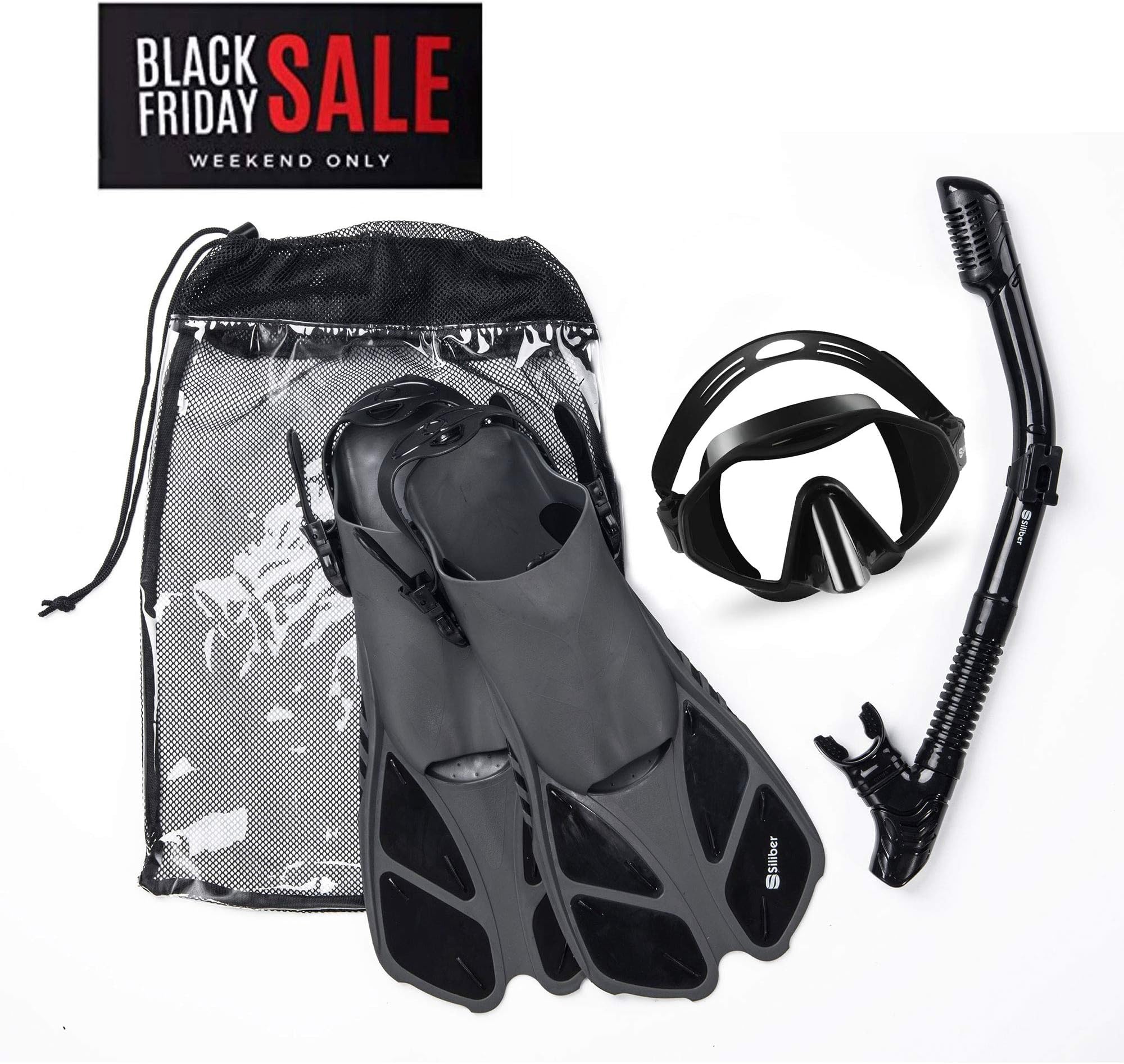 Siliber 3Pcs Snorkel Mask & Fins Set, Double Lens Silicone Mask with Dry Top Tube, Adjustable Flippers and Snorkeling Gear Bag for Adults Men and Women