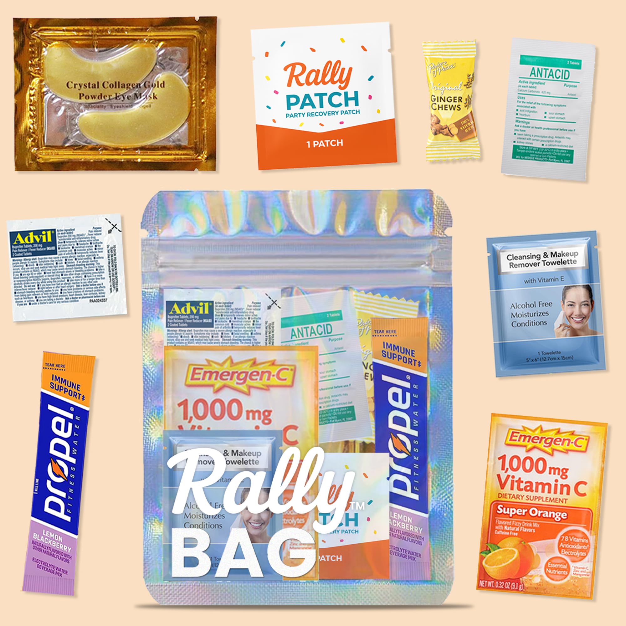 The Rally Bag - 1 Pre-Filled Hangover Kit for Bachelorette Party Favors, 21st Birthday Gift, Wedding Favors, Girls Trips, Cruises & Celebrations | 7 Piece Hangover Supplies & Bag (1 Kit)