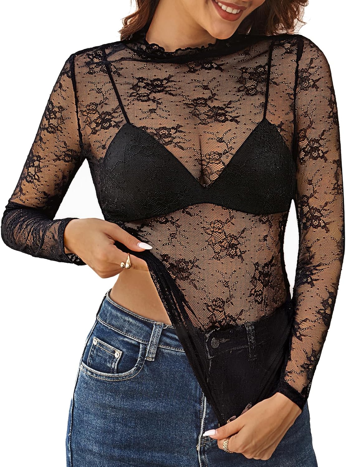 Kate Kasin Lace Tops for Women, Sexy Mesh Long Sleeve Sheer Shirts, Slim Fitted See Through Lace Blouses