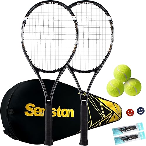 Senston Raquetas de tenis para adultos, raquetas de tenis de 27 pulgadas, juego de raquetas de tenis para 2 jugadores con 3 bolas, 2 agarres, 2