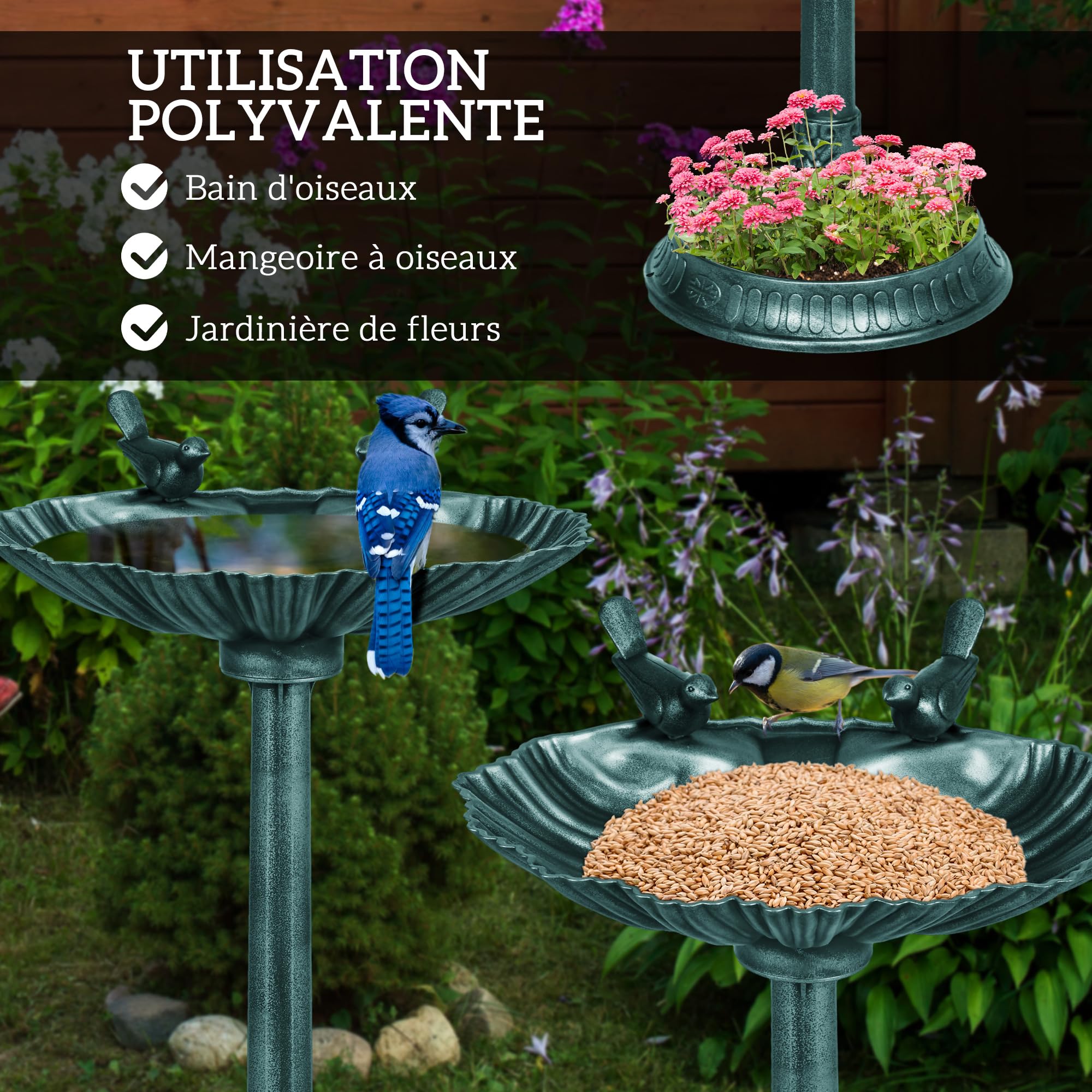 Outsunny Bain d'oiseaux Antique 81 cm avec Base de jardinière, Mangeoire, Bassin sur Pied, Style Vintage, Bronze Vert
