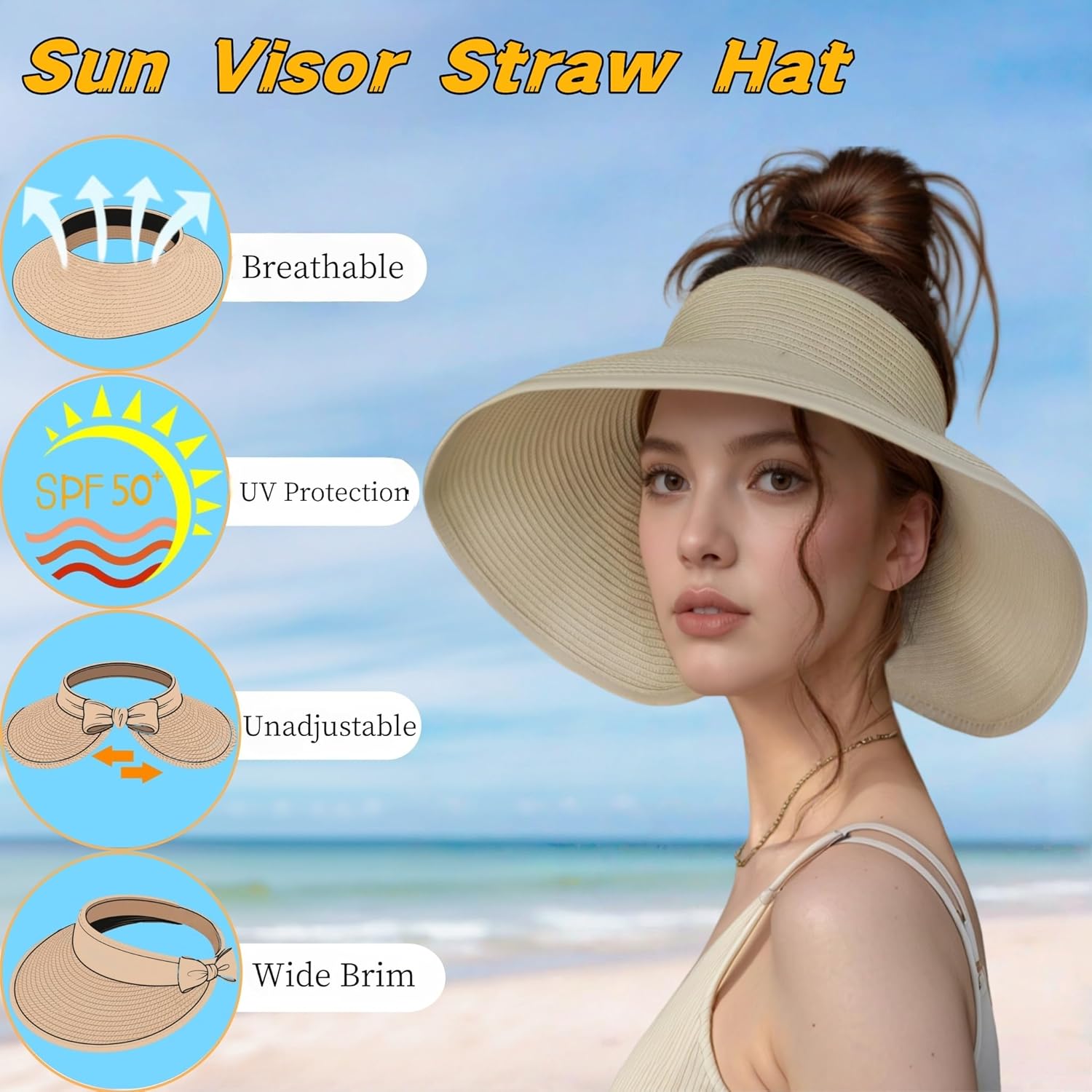 Sun Visor Straw Hats for Women, Foldable Summer Floppy Wide Brim Ponytail Beach UV Hat Vacation Essentials - Image 4