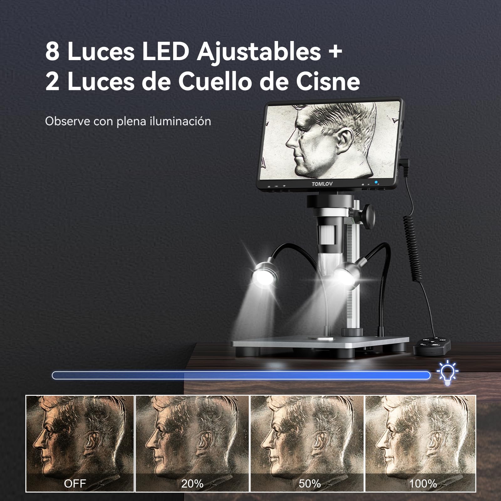 TOMLOV DM9 7" LCD Microscopio Digital 1080P, Cámara de Magnificación 1200X para Piezas con Pantalla HD, 12MP Enfoque de Ultra Precisión, Soporte Metálico, Luz LED, Compatible PC/Windows/Mac OS, 32GB
