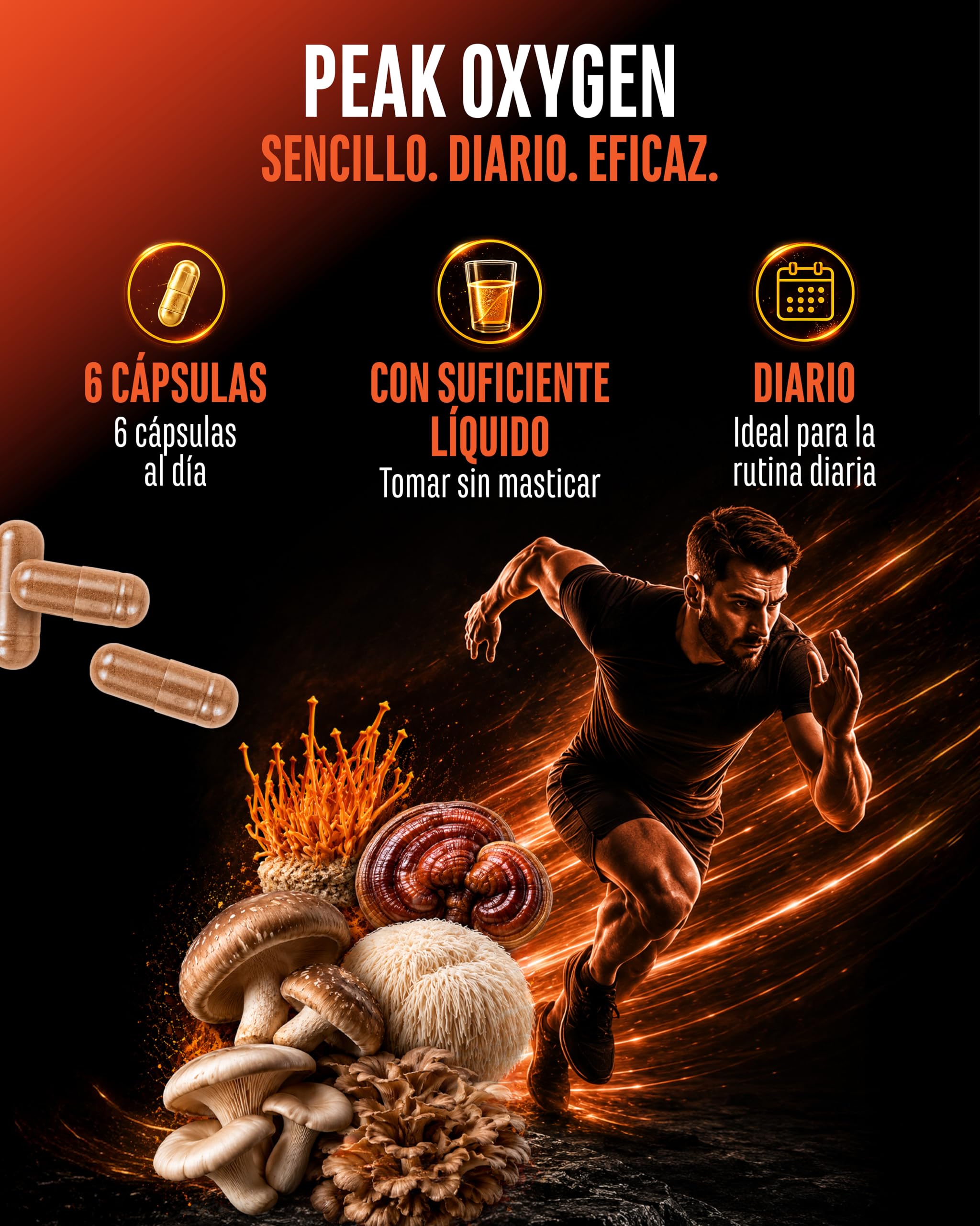 Peak Oxygen - 180 Cápsulas Vegan - 6125 mg por Dosis Diaria - Complejo de 6 Hongos con Cordyceps, Reishi, Shiitake, Hericium, Maitake y Seta de Ostra - TMG, Taurina y Materia Prima de Marca: AstraGin®