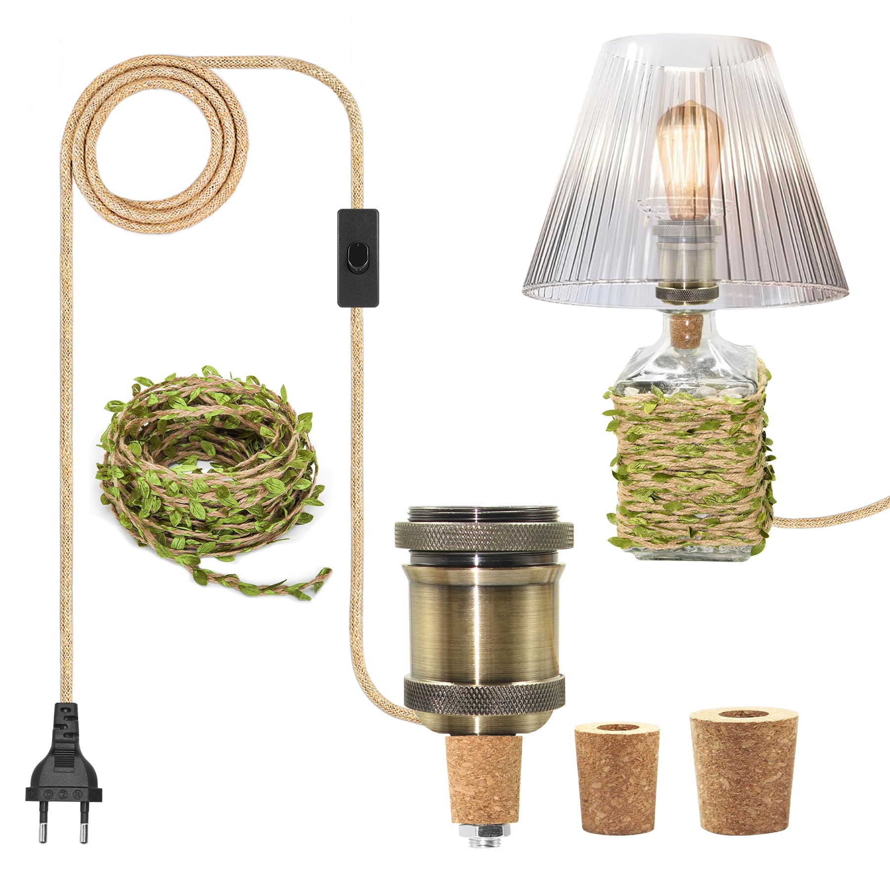 ZRLXFM Lampenfassung für Flaschen E27, Tischlampe mit Schalter und 240cm Hanfseil Kabel für Flaschen, Bronze Retro E27 Tischlampenfassung Flaschenlampen DIY Mit Wear A Small 5m Green Leaf Hemp Rope