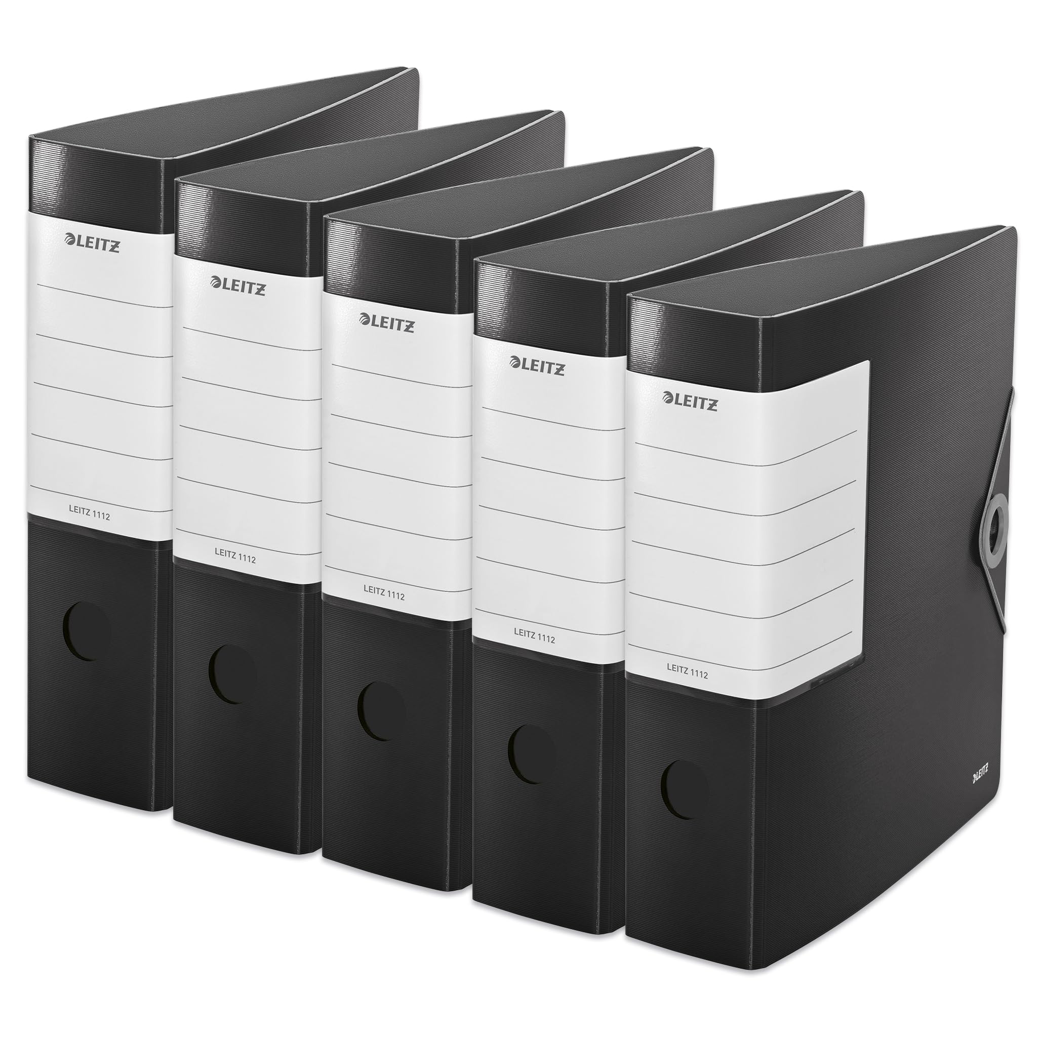 Leitz Quality Folder 180° Solid, Pack of 5, A4, Black, 8.2 cm Spine Width, Elastic Closure, Robust Polyfoam, Extra Wide, Interchangeable Spine Label, 11120095