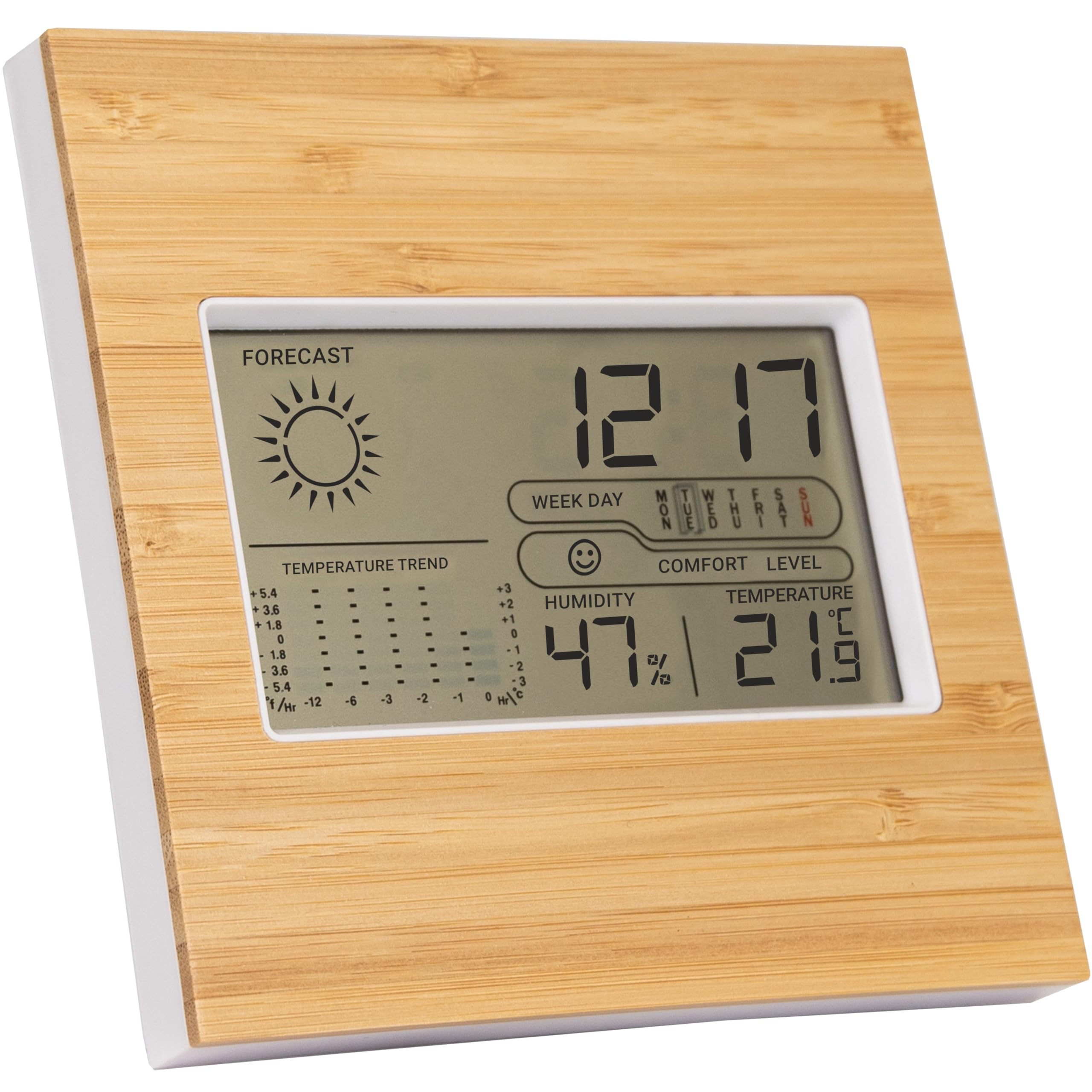 Silvergear Station Météo Réveil Numérique avec Prévisions Météorologiques Température Humidité Bambou Blanc