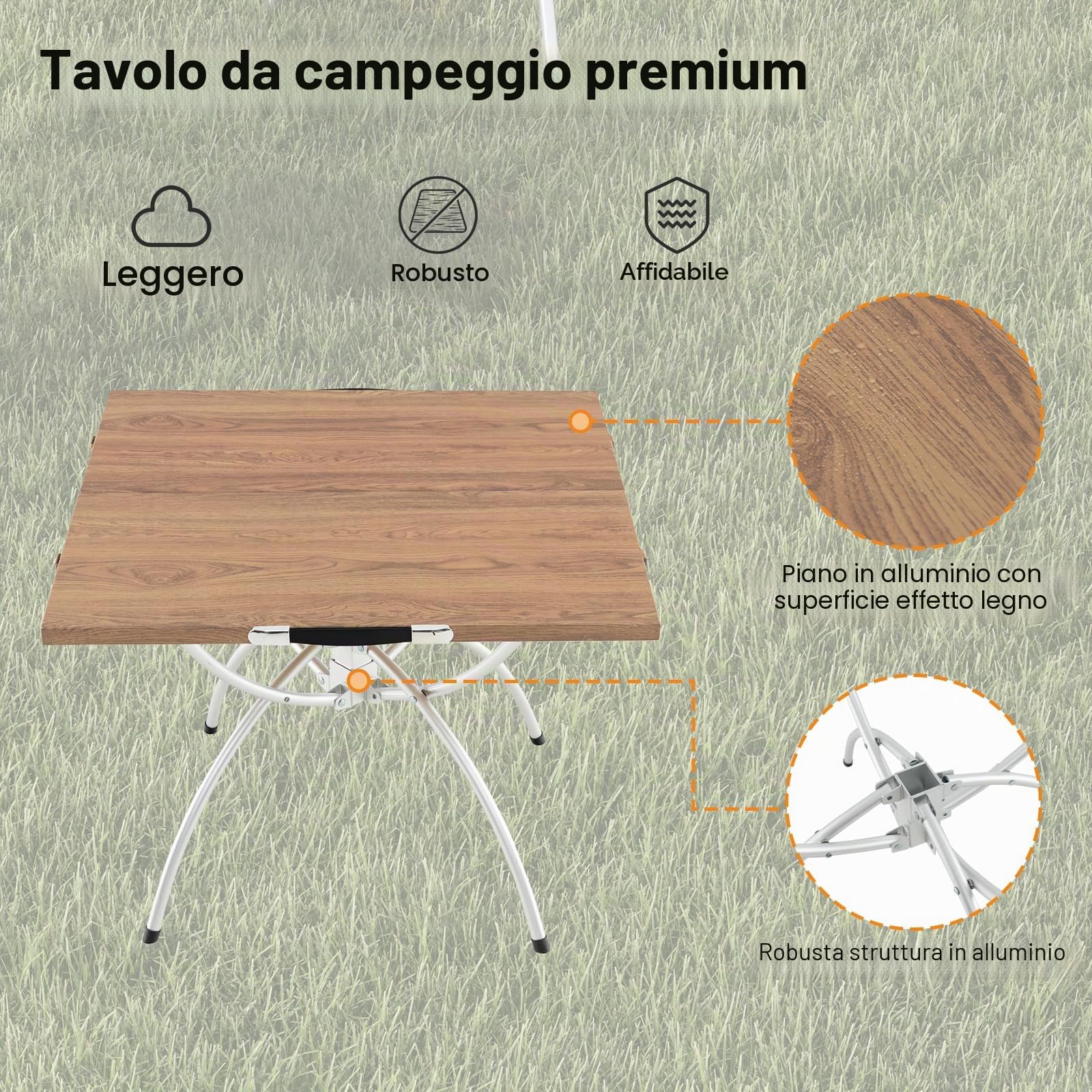 KOMFOTTEU Tavolo da campeggio allungabile 2 in 1, pieghevole, con struttura in alluminio e legno, 120 x 60 cm, con borsa per il trasporto