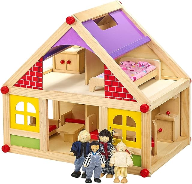 Wooden Doll House With Furniture & Figures