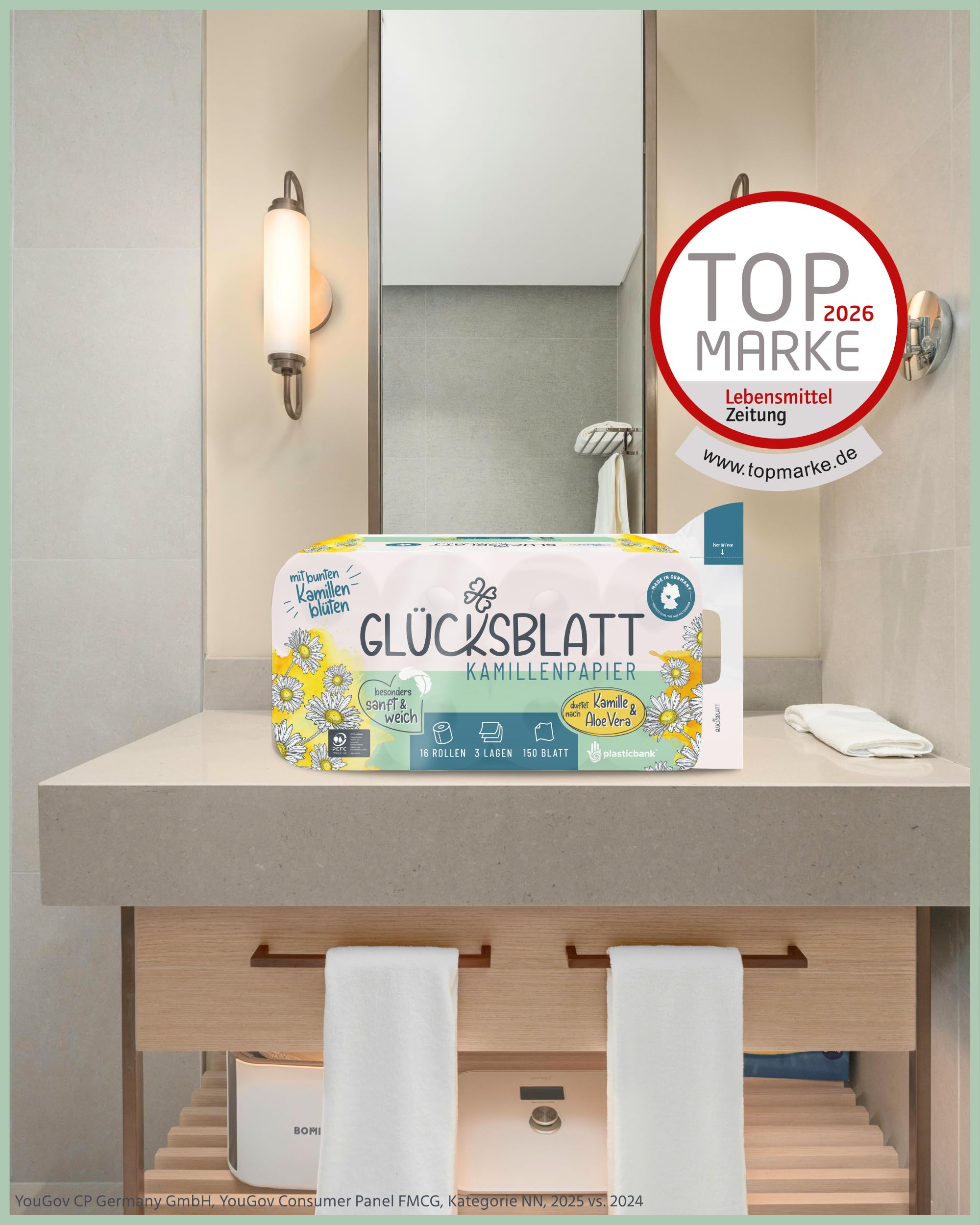 Glücksblatt Topa 3lg. DY 16x150 Blatt mit Kamilleduft und Druck, 100% Zellstoff, 70% PEFC-zertifiziert SGSCH-PEFC-COC-000977 | Duft nach Kamille