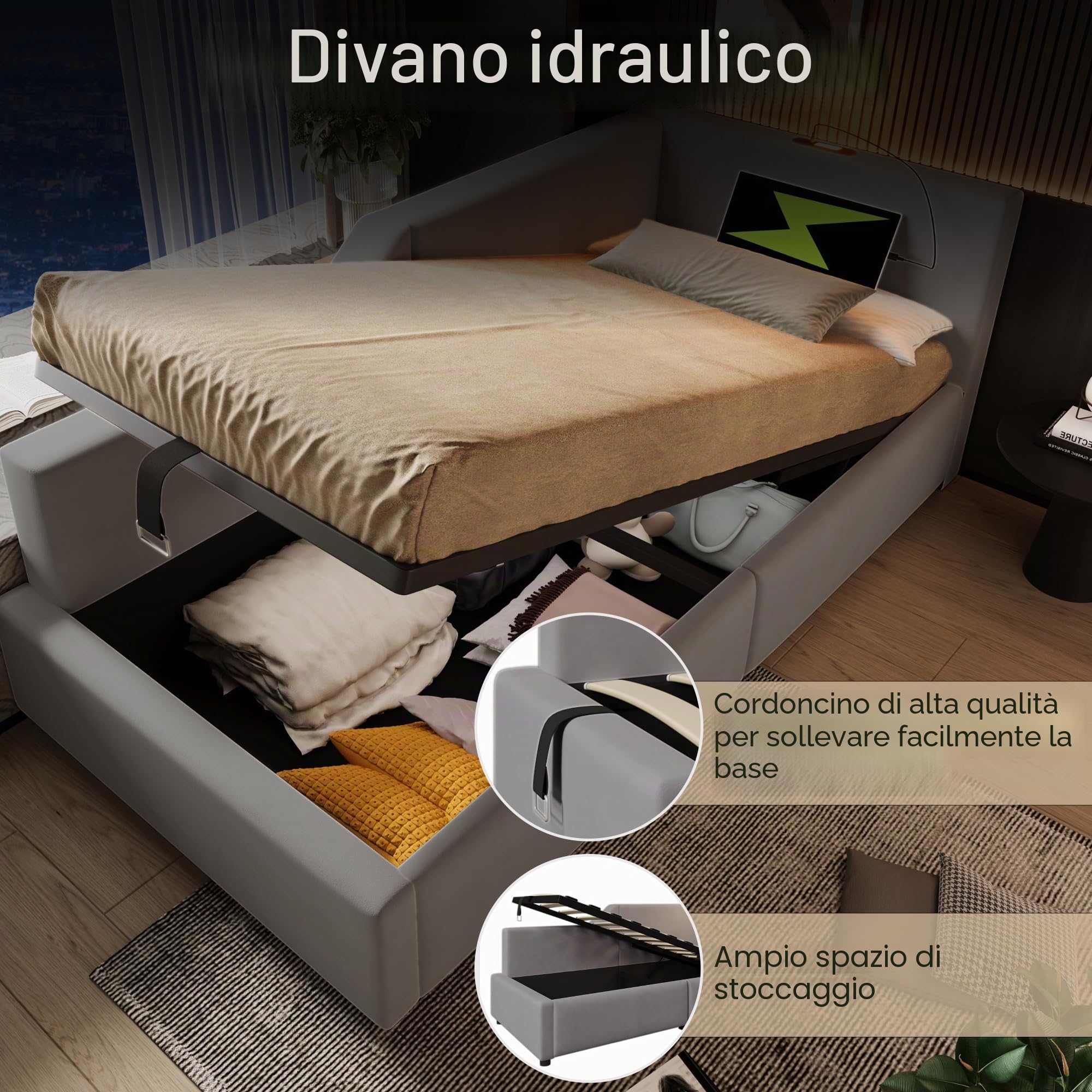 Letto Singolo con Contenitore 90x190 cm con luce di lettura e USB Type C,divano letto con spazio idraulico, Letto imbottito con Testiera, Letto con rete a doghe, Struttura Letto Singolo