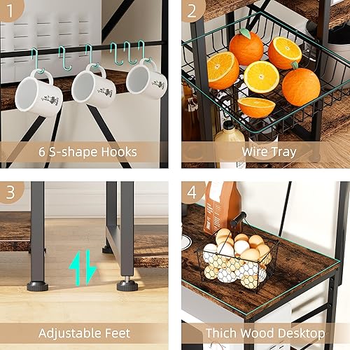 Miniatura 10 de JAMFLY Estante para panaderos con toma de corriente, soporte para microondas, estante de almacenamiento de cocina con 6 ganchos, estación de barra