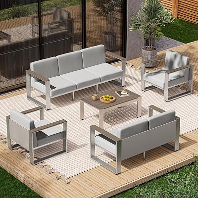 Aluminum Outdoor Patio Furniture Set, 7 Seats Outdoor Patio Conversation Sets with Ergonomic Seat and Wide Washable Thick Cushions, Modern Patio Sectional Furniture for Balcony, Porch (Gray)