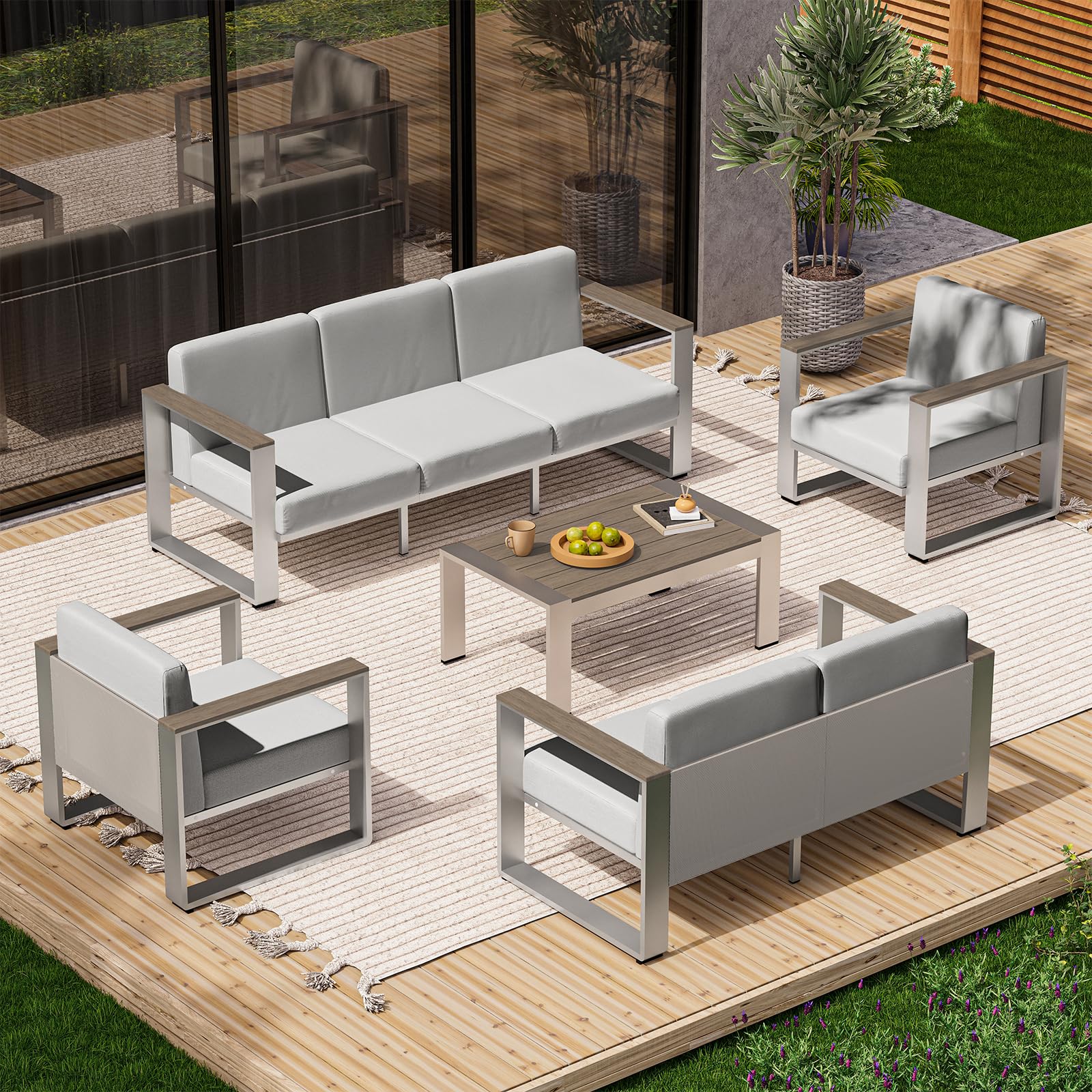 Aluminum Outdoor Patio Furniture Set, 7 Seats Outdoor Patio Conversation Sets with Ergonomic Seat and Wide Washable Thick Cushions, Modern Patio Sectional Furniture for Balcony, Porch (Gray)