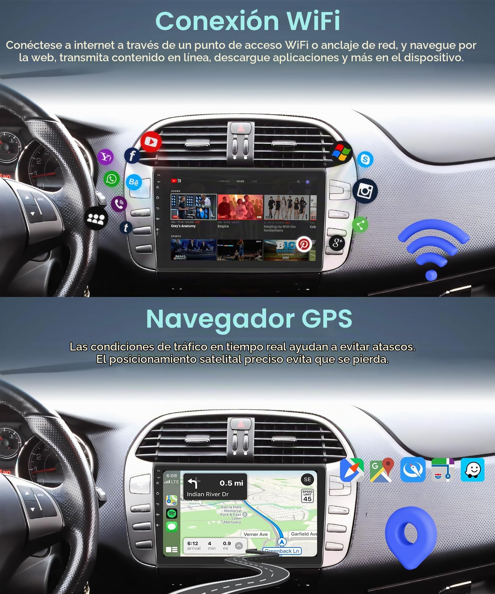4G+64G Android Radio de Coche para FIAT Bravo 2007-2014 Carplay Wireless 9 Pulgadas HD Bravo Radio con Android Auto Navegación GPS Bluetooth WiFi/FM/RDS/EQ Controles del Volante Cámara Trasera