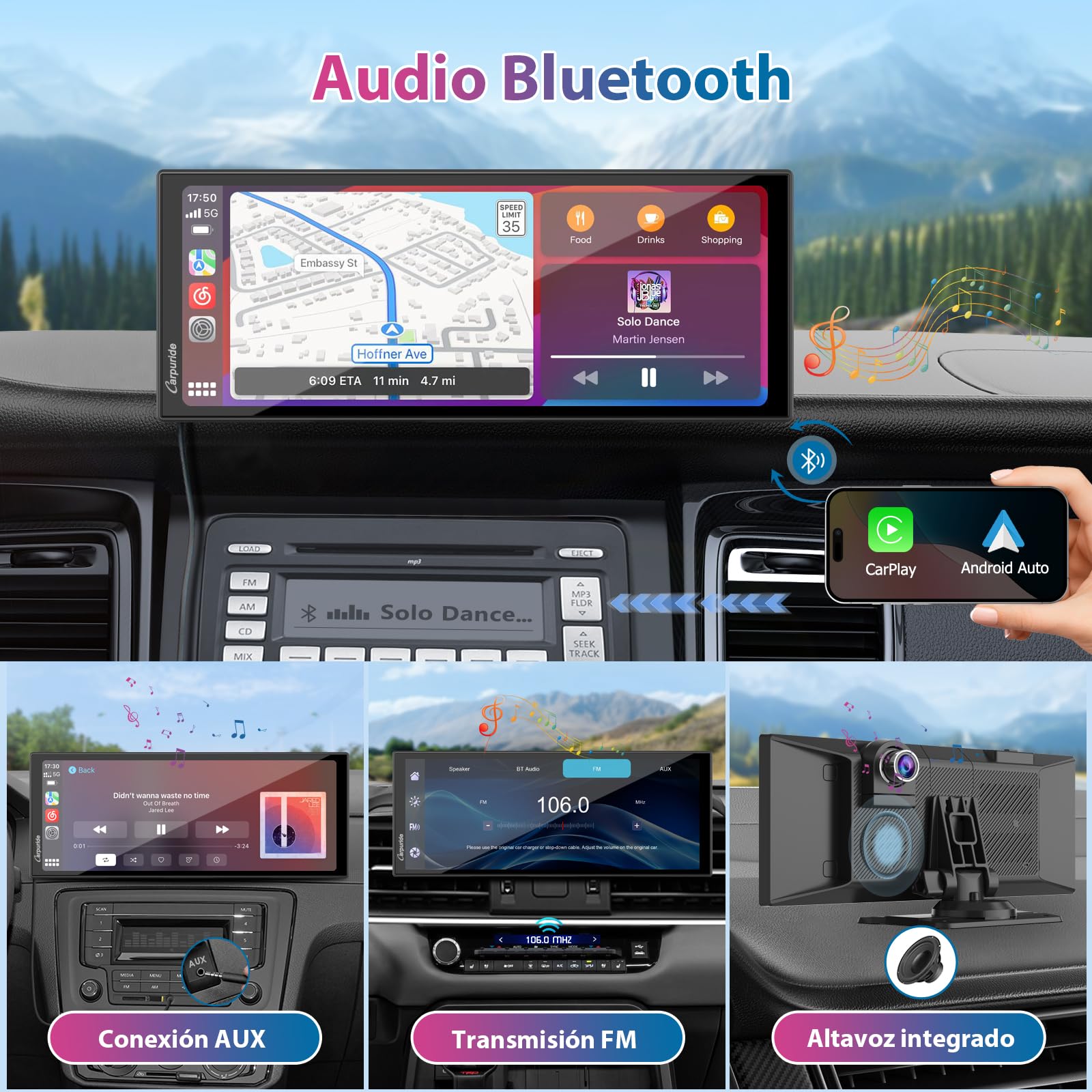 Carpuride Sistema Inalámbrico Portátil Carplay y Android Auto con Cám de Tablero - W125A Pantalla IPS HD de 11.26",Cám Frontal 4K + Cám Trasera 1080P,Grabación en Bucle,Audio Bluetooth,GPS,Siri,Música