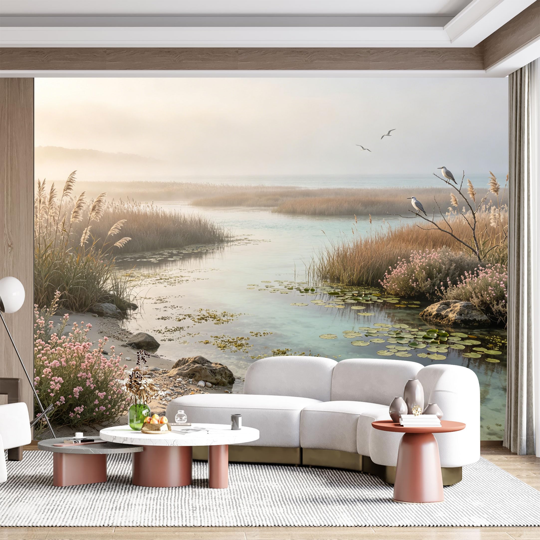 Custom Size Wall Mural Serene Coastal Reeds Birds Water Lily Pond Seascape SelfAdhesive Wall Fabric Removable for Home Office Decor
