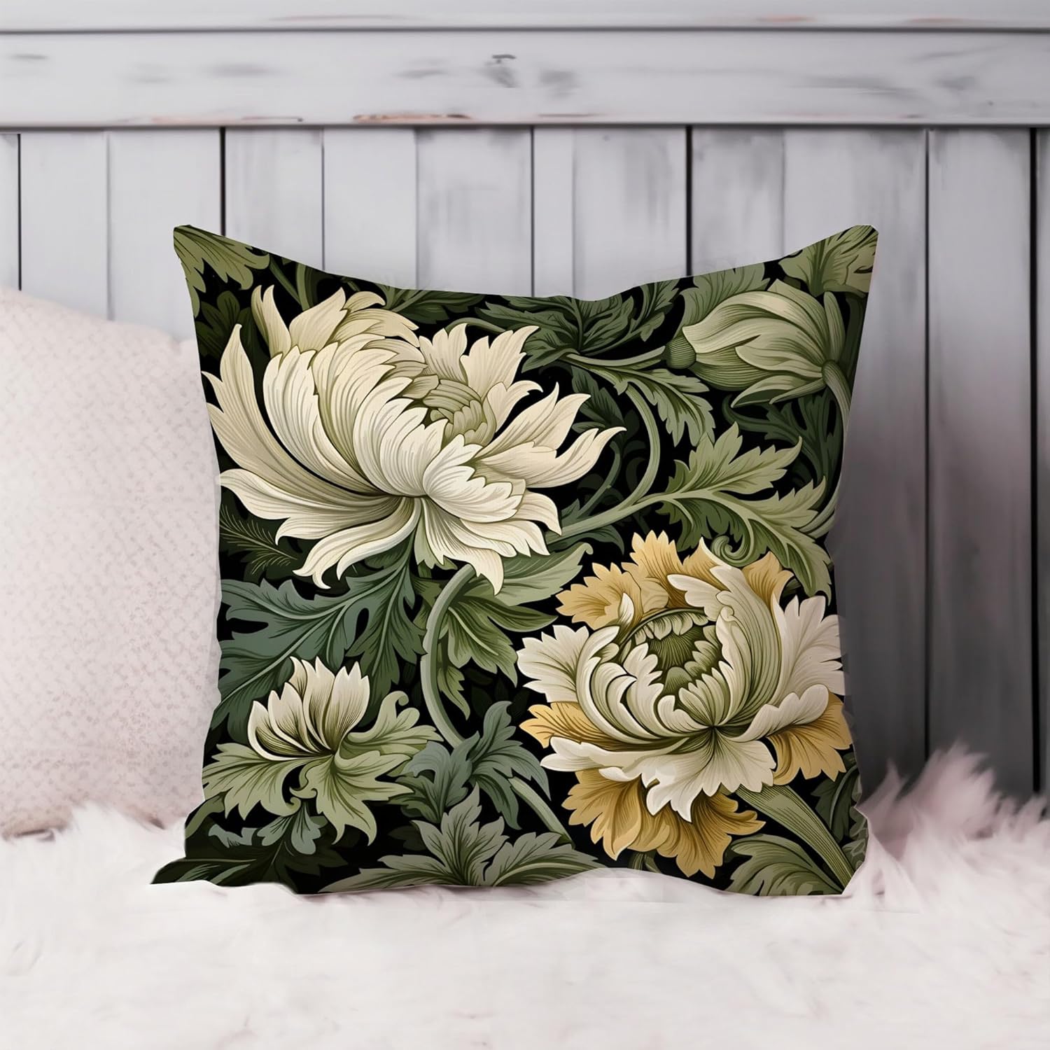 Ethan Taylor Botanical Throw Pillow Soft Cushion Cover 'William Morris Floral Pattern II Modern Cottage and Cottagecore' Pattern Decorative Square Accent Pillow Case, 18x18 Inches, Green, Yellow