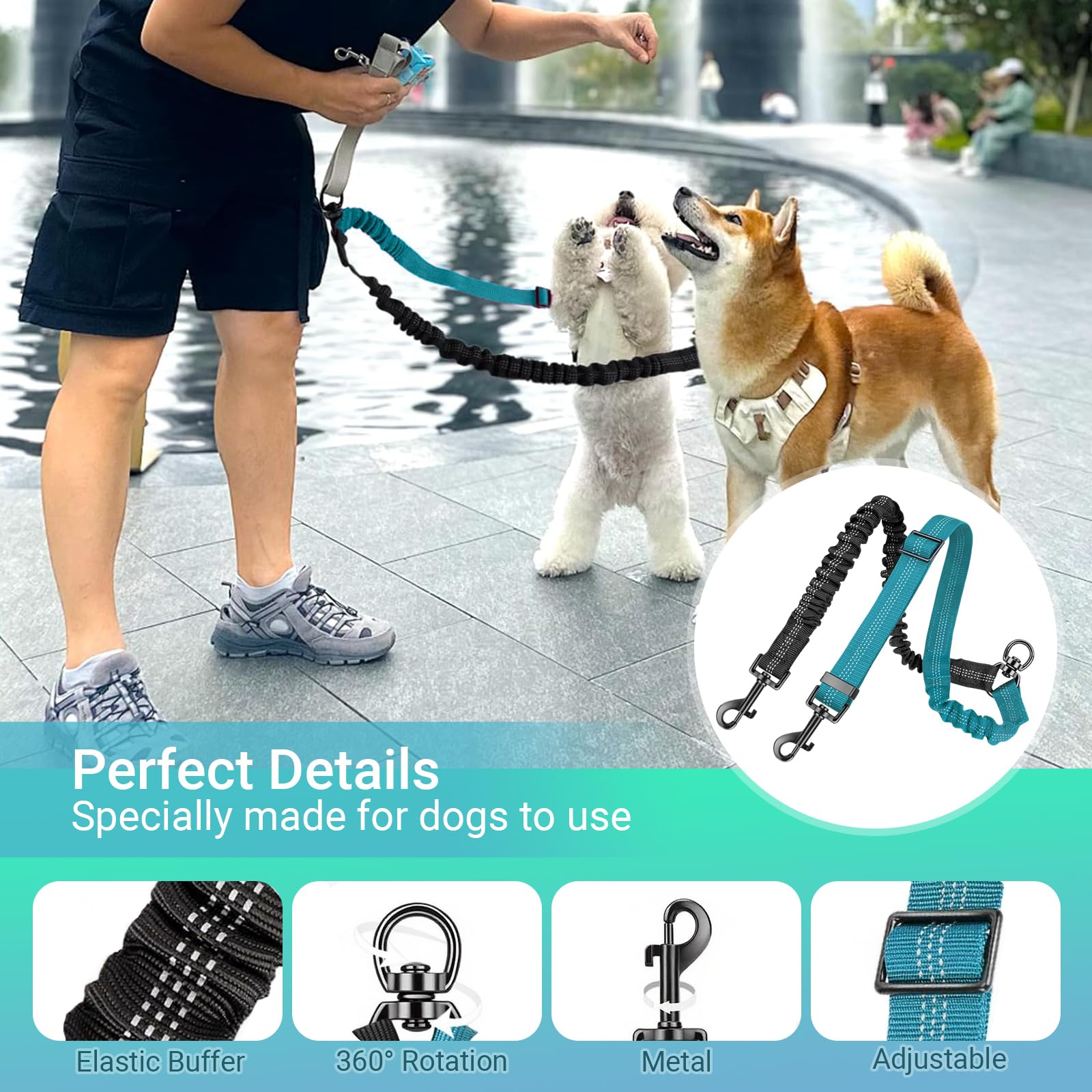 Double Dog Leash for 2 Dogs Tangle-Free,Safety Handle,360° Swivel,Reflective,Adjustable Shock Absorbing Bungee Lead - Image 3