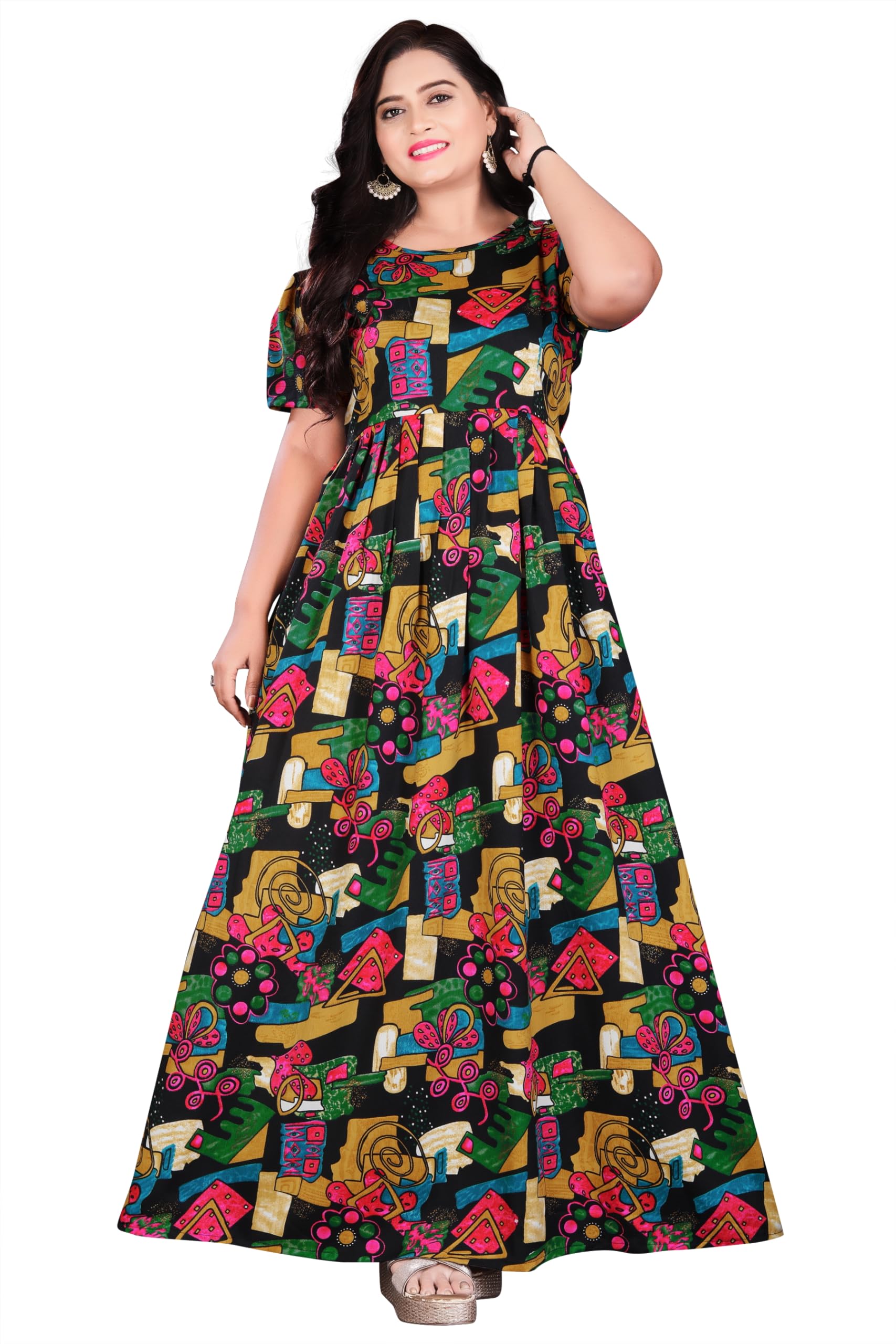 Women's Printed Poly Crepe Anarkali Dress | Fit & Flare Western One Piece Long Dress | Round Neck Short Sleeves | Comfortable Casual Wear Frock Color_ Multicolor_ Size XXL-image-43