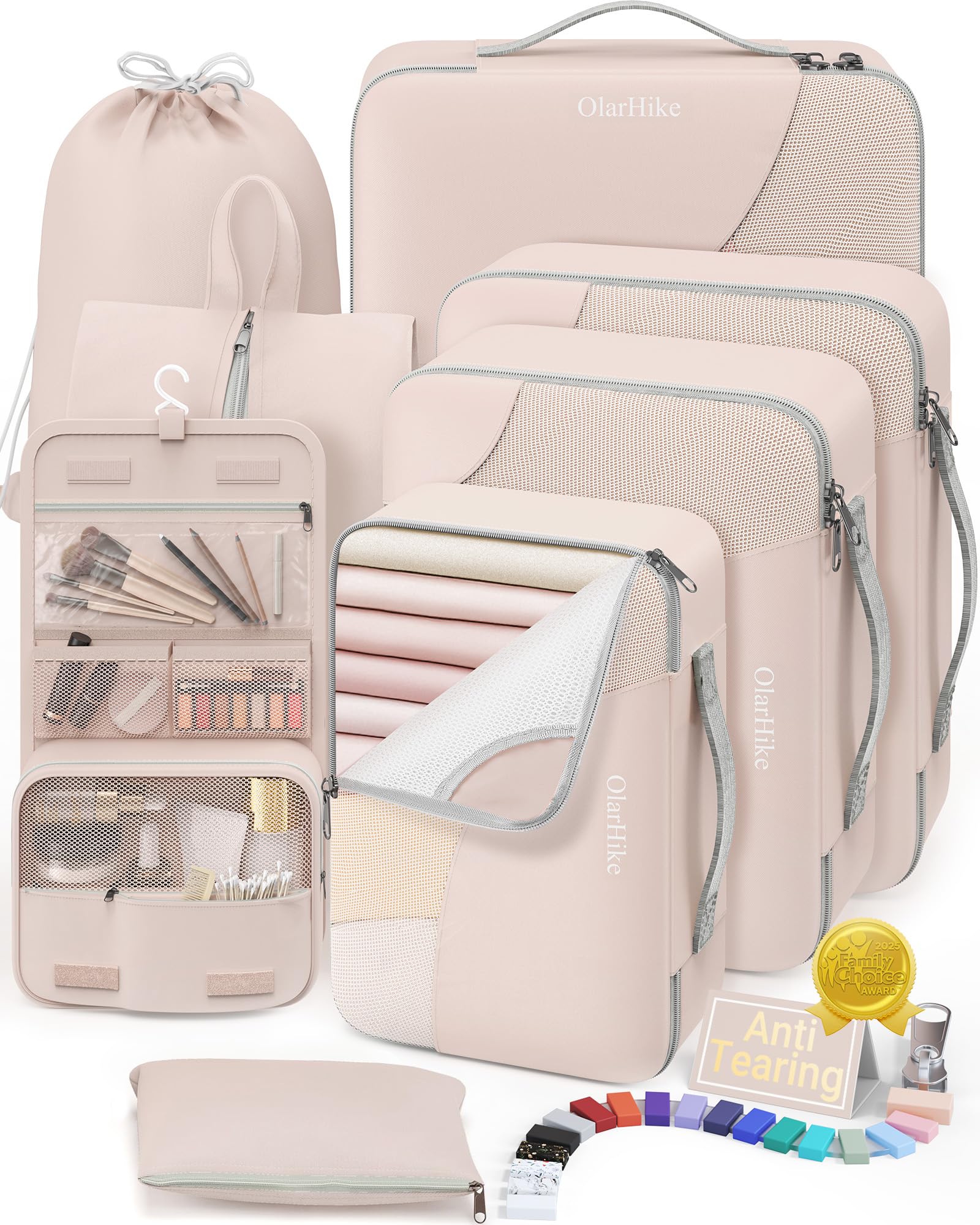 OlarHike10 Set/8 Set Packing Cubes for Travel, Gifts for Women Mom,Anti-Tearing Suitcase Organizer for Luggage with Shoe & Hanging Toiletry Bag,OlarHike Vacation Essentials & Accessories for Cruise Ship,CreamGlobal Recycled StandardGlobal Recycled StandardGlobal Recycled Standard