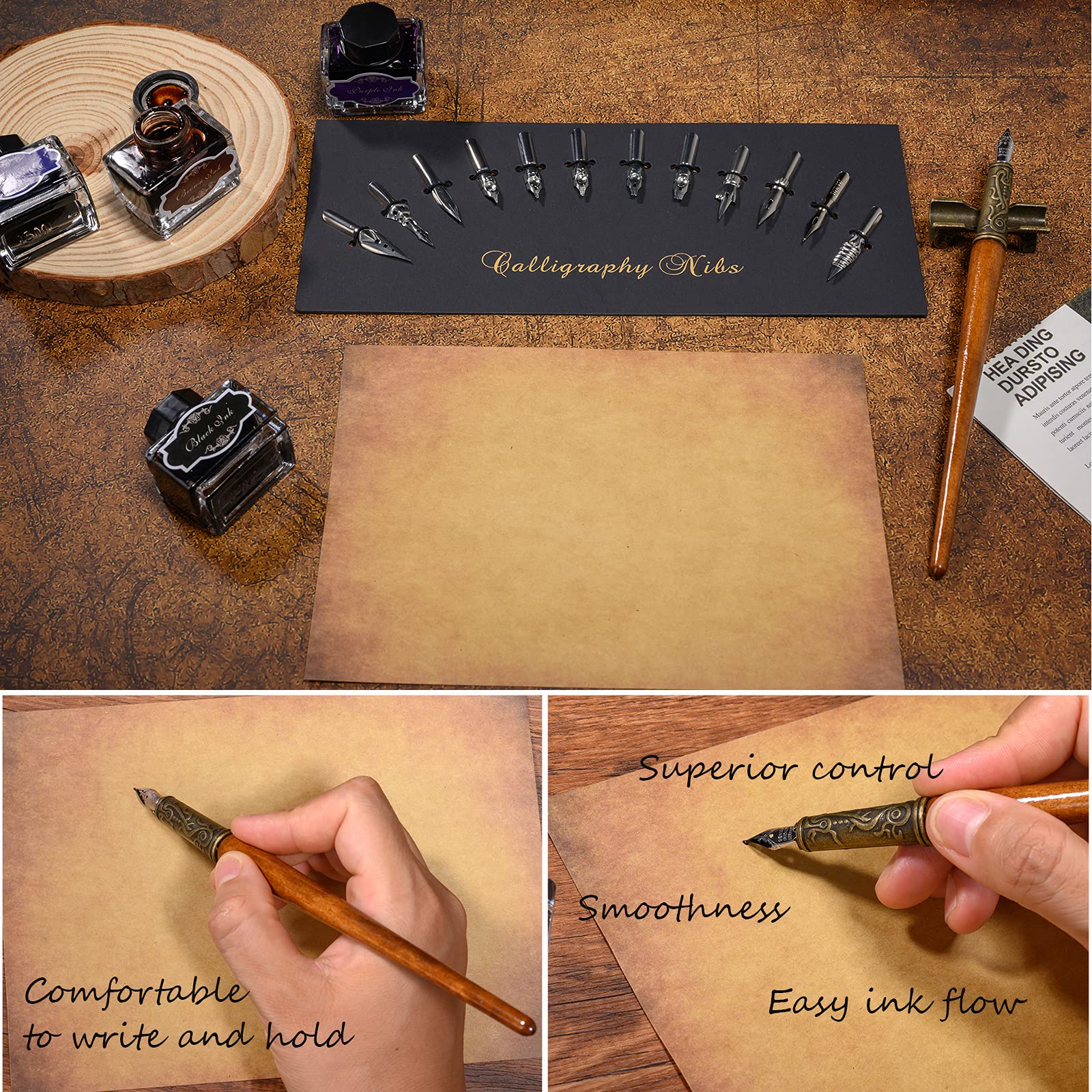 Plotube Calligraphy Pen Set – Wooden Dip Pen, 12 Nibs, 7 Ink Colors, Brass Holder & Guide