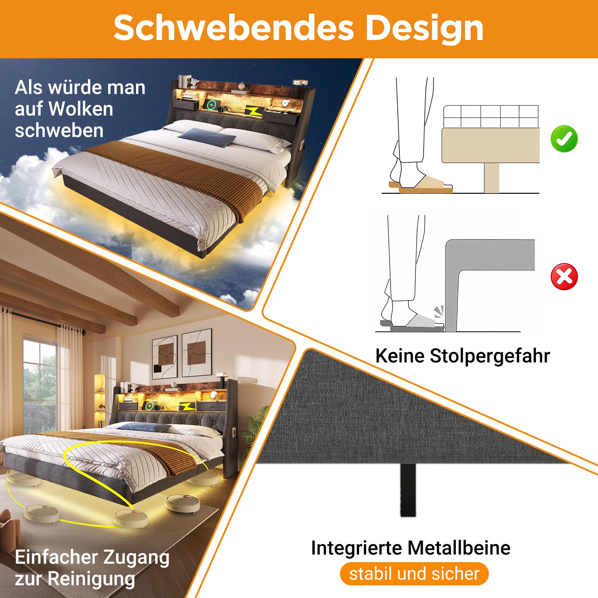 Polsterbett Doppelbett 180x200 cm, Schwebebett Jugendbett mit LED-Beleuchtung, Stauraum-Kopfteil und USB Type-C Ladestation, Funktionsbett Bettgestell mit Holz Lattenrost, Leinen, Ohne Matratze, Grau