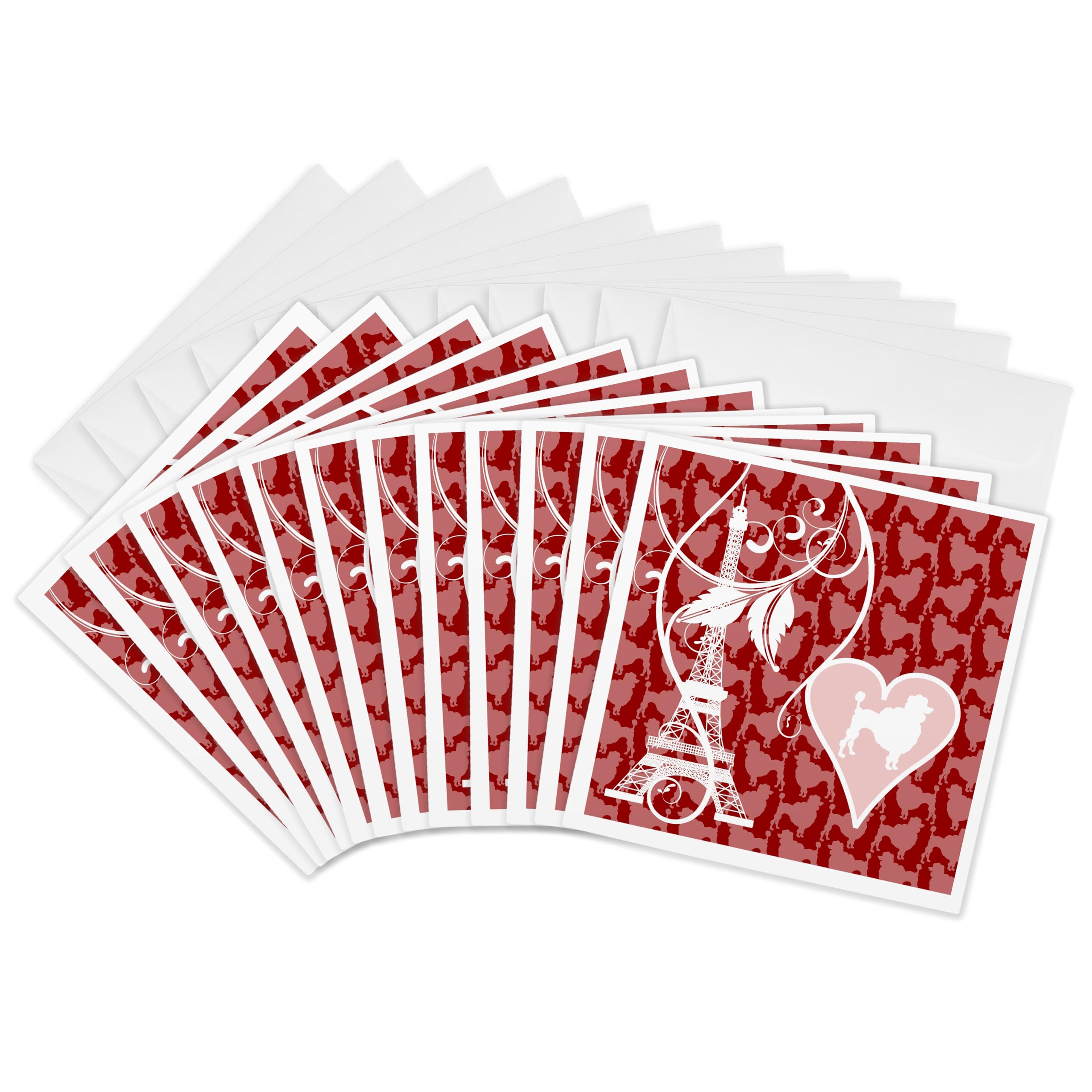 3dRose Greeting Cards - Paris Poodles and Eiffel Tower Design in Pink, Red and White - 12 Pack - Designs